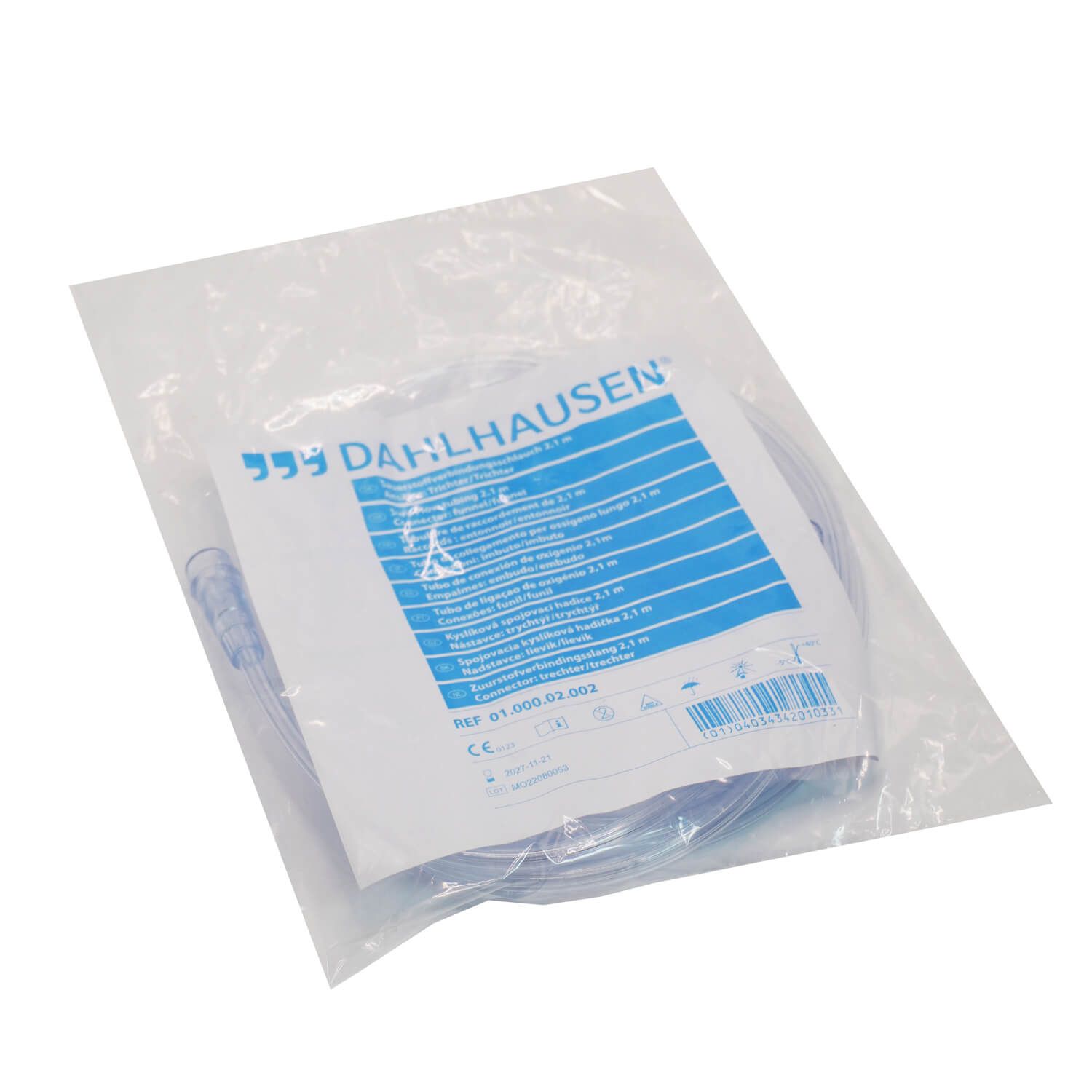 Verpackter Sauerstoffschlauch von Dahlhausen, transparent, mit blauer Beschriftung und CE-Zeichen.