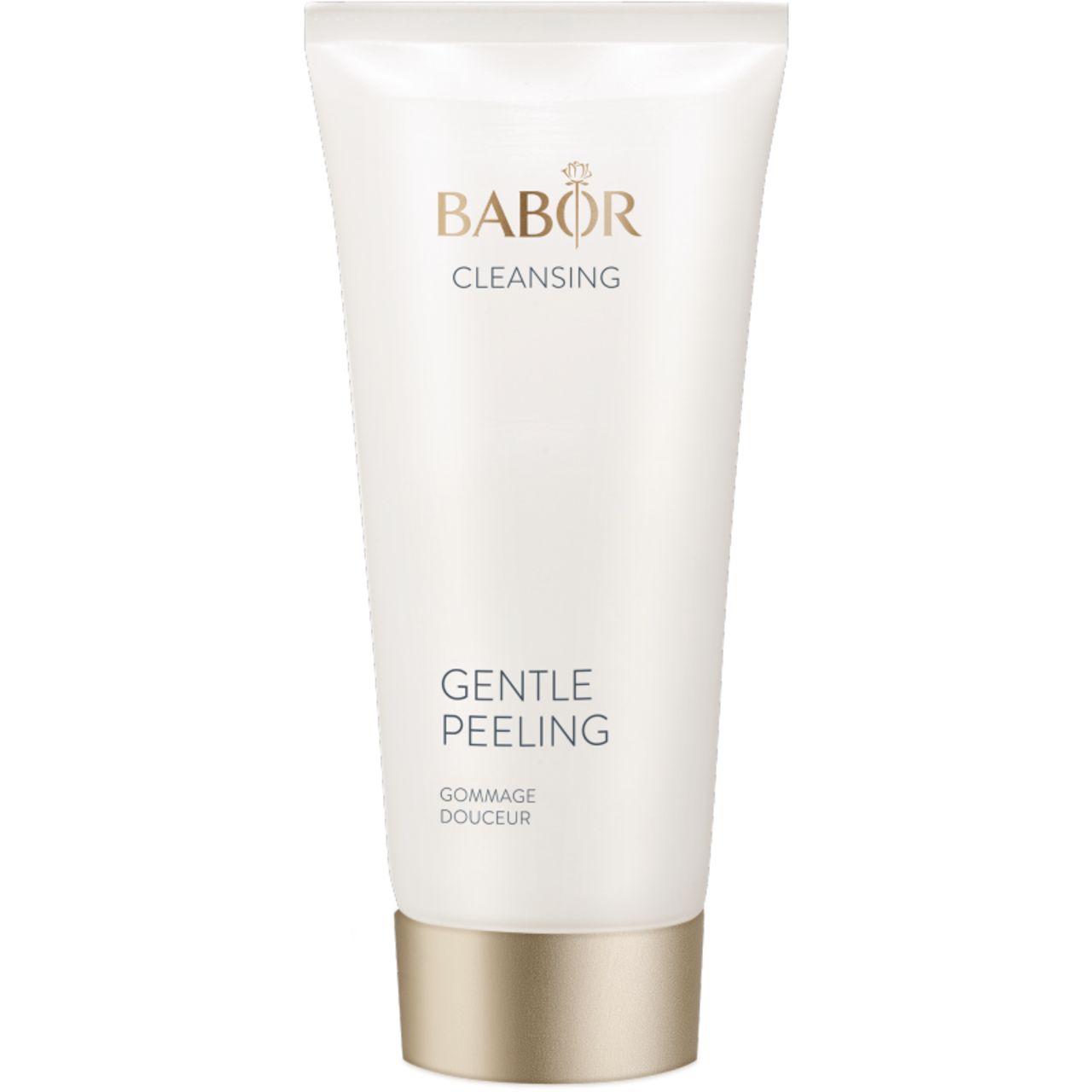 Weiße Tube mit goldfarbenem Deckel. Aufschrift: Babor Cleansing Gentle Peeling.