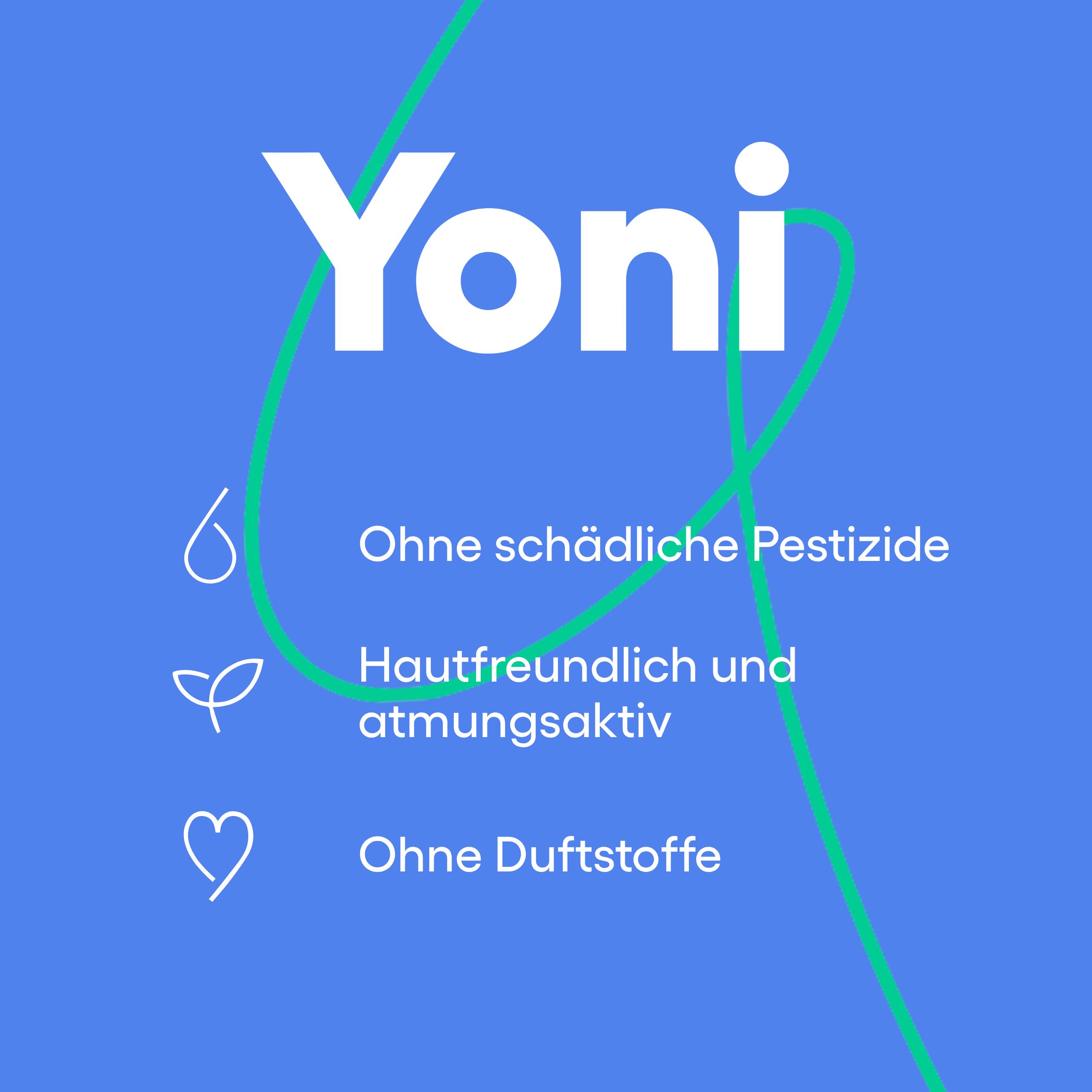 Yoni Logo mit Symbolen für "Ohne schädliche Pestizide", "Hautfreundlich" und "Ohne Duftstoffe".