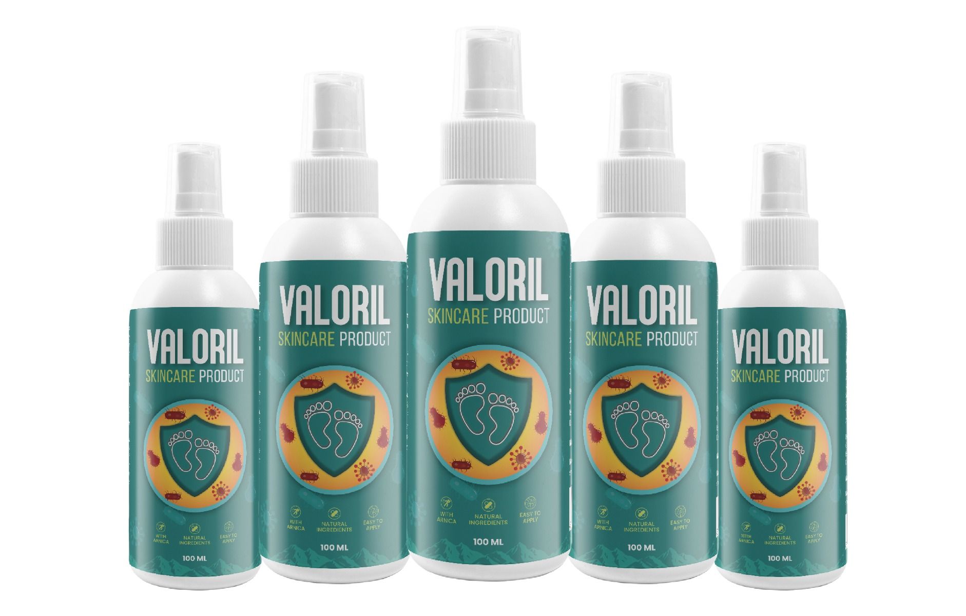 Fünf Flaschen Valoril Hautpflegeprodukt mit Fußsymbol und Schutzschild-Grafik.