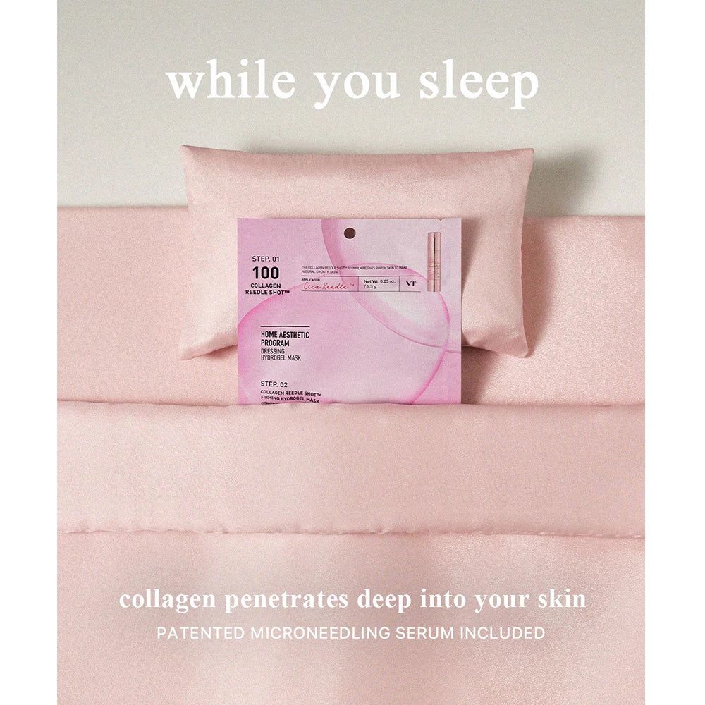 Produktverpackung auf einem rosa Bett. Text: Collagen dringt tief in Ihre Haut ein. Mikronadel-Serum enthalten.