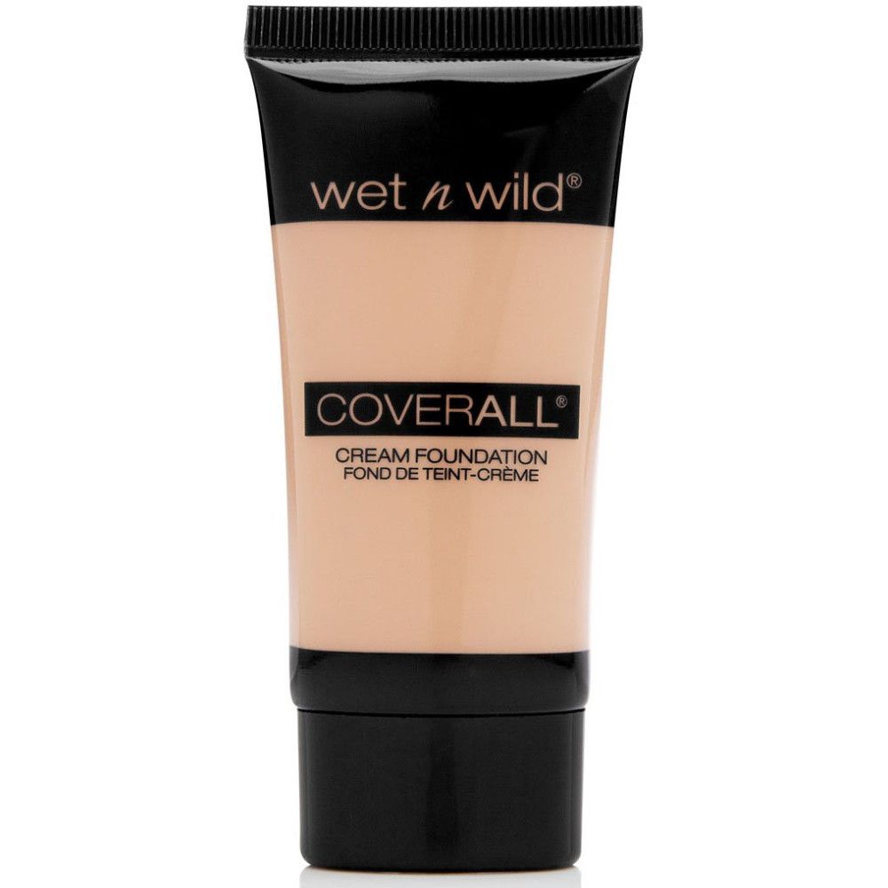 Tube Foundation. Schwarzer Deckel und Verschluss. Text: Wet n Wild, Coverall, Cream Foundation, Fond de Teint-Crème.