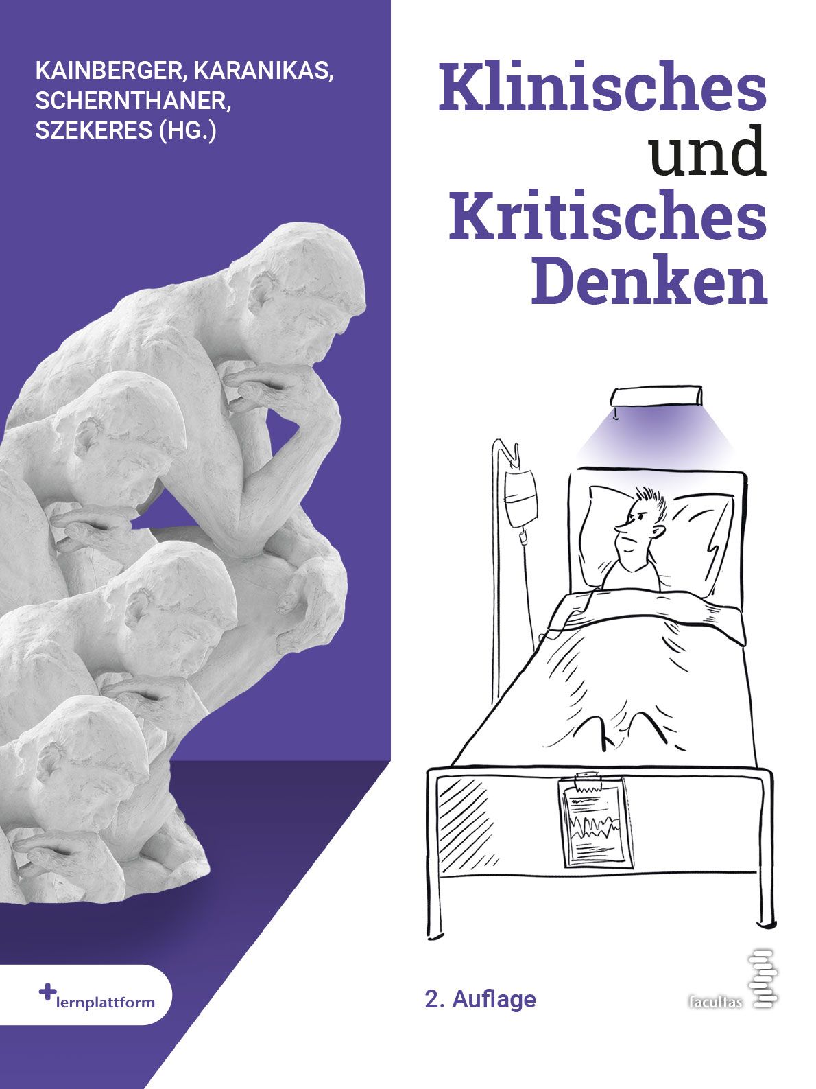 Buchcover mit Titel "Klinisches und Kritisches Denken". Illustration: Denker-Skulptur und Patient im Krankenhausbett.