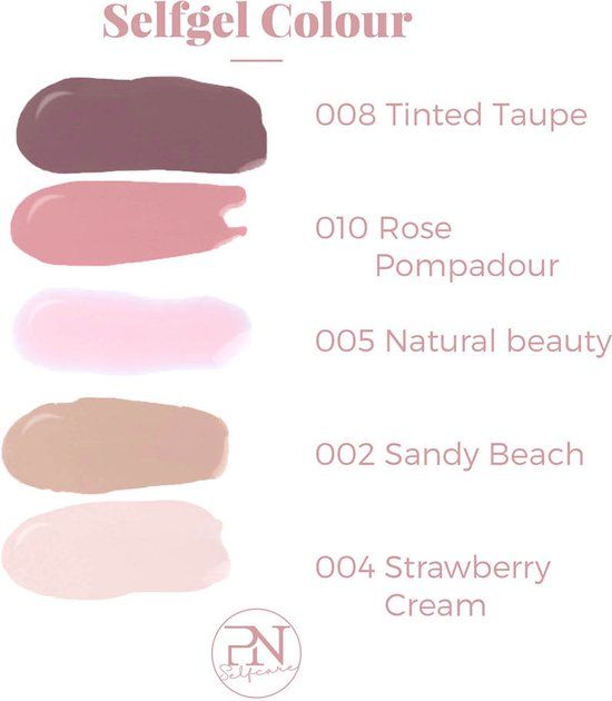 Farbpalette mit Nagellackfarben. Farben: 008 Tinted Taupe, 010 Rose Pompadour, 005 Natural beauty, 002 Sandy Beach, 004 Strawberry Cream. PN Selfcare Logo.