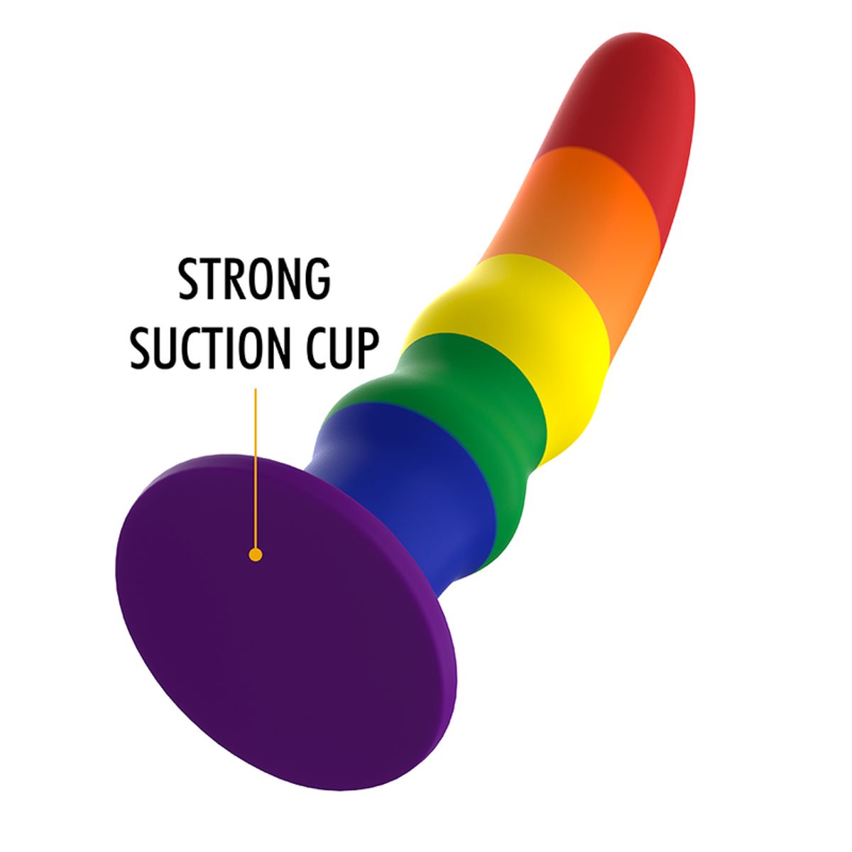 Dildo in Regenbogenfarben mit Saugnapf. Zylindrische Form mit abgerundeter Spitze. Text: STRONG SUCTION CUP.