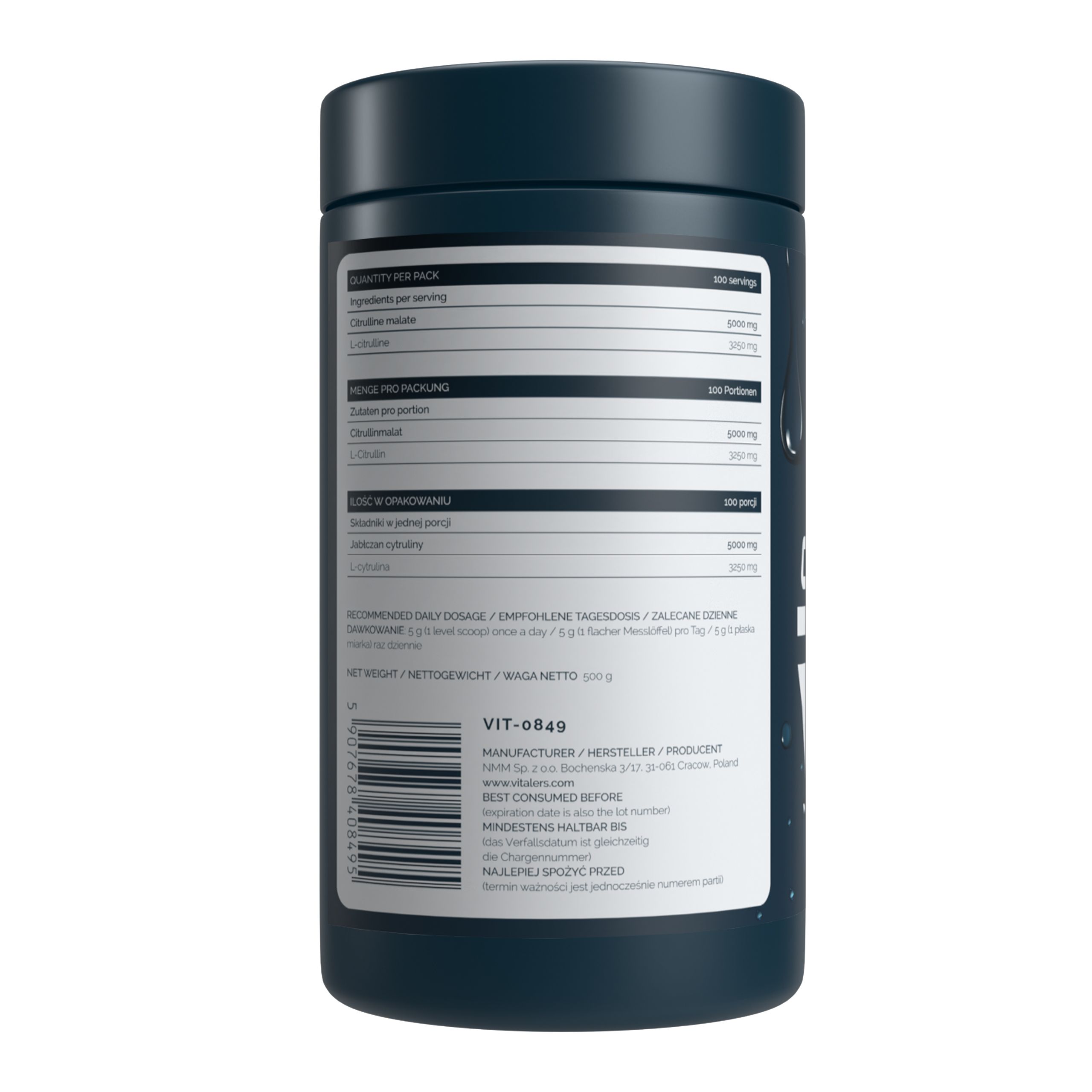 Rückseite einer dunkelblauen Dose mit Nährwertangaben, Inhaltsstoffen und Barcode. Enthält Produktcode VIT-0849 und Herstellerinformationen.