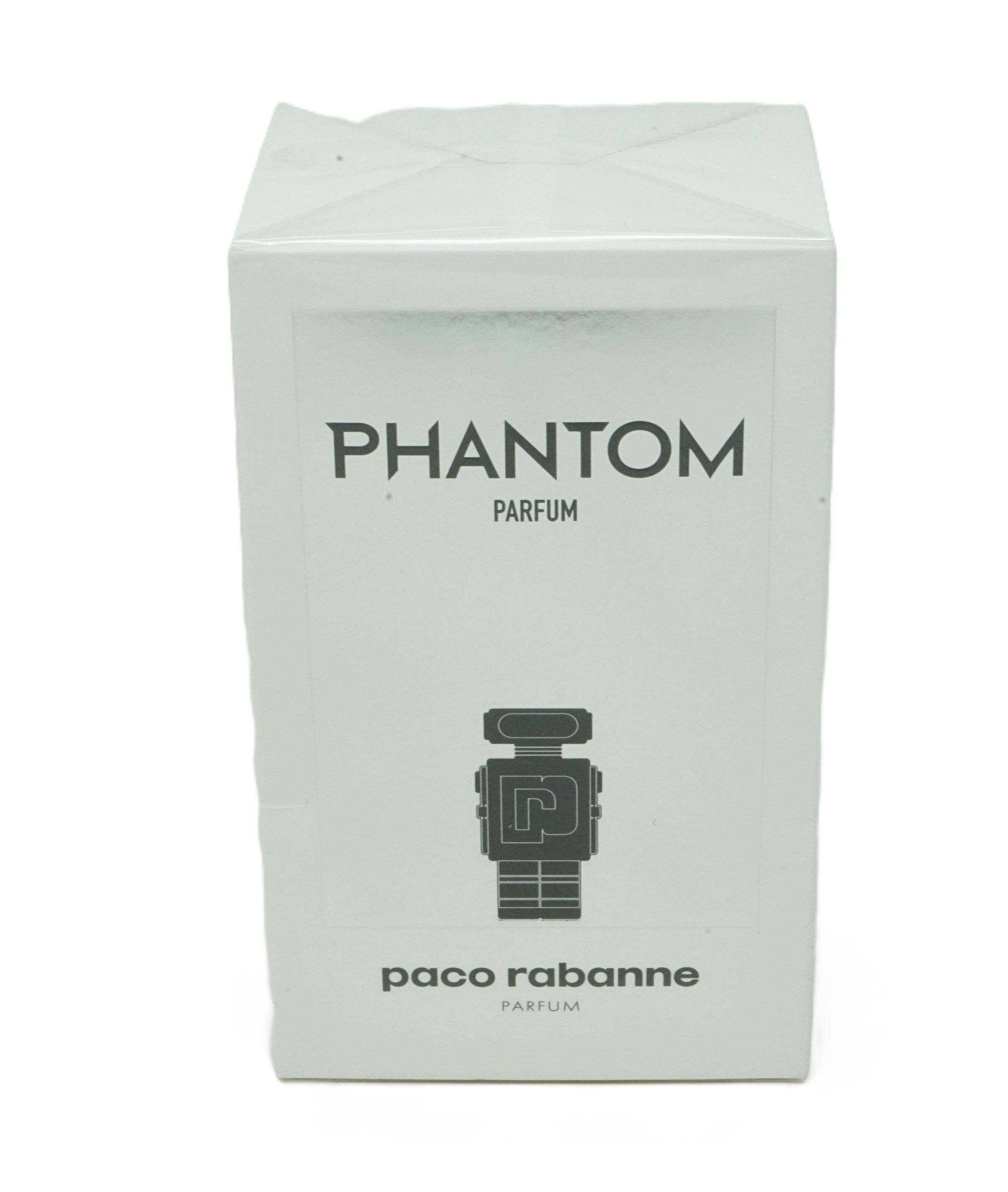 Weiße rechteckige Verpackung. Aufschrift: PHANTOM PARFUM, darunter eine Roboter-Abbildung und der Schriftzug paco rabanne PARFUM.