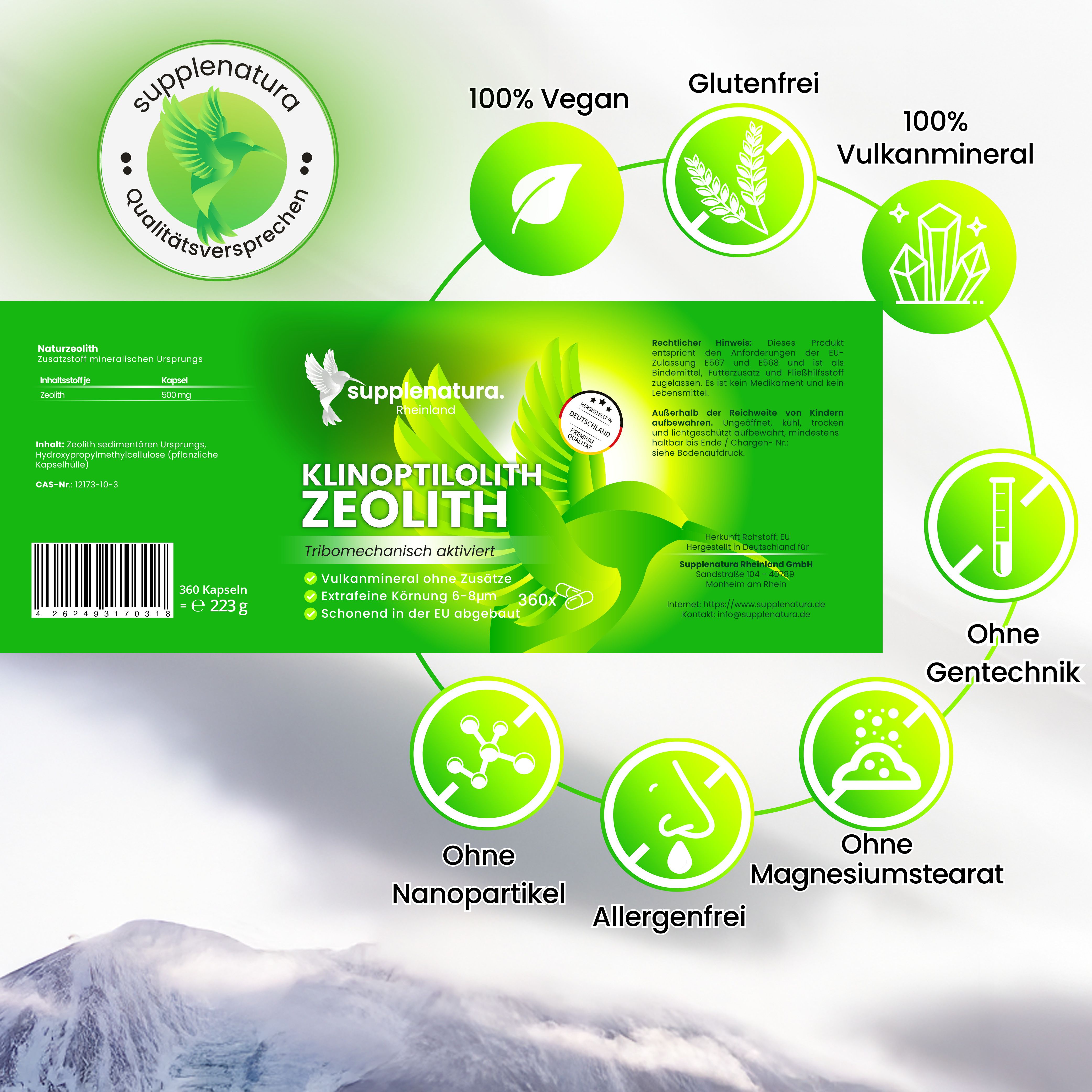 Produktverpackung mit Text und Logos. Text: Klinoptilolith Zeolith, 360 Kapseln, ohne Gentechnik, vegan, glutenfrei, ohne Nanopartikel.