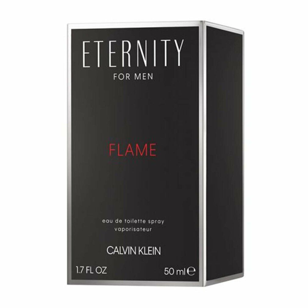Schwarzer Karton mit Produktnamen und Logo. Text: ETERNITY FOR MEN FLAME, CALVIN KLEIN. 1.7 FL OZ, 50 ml.