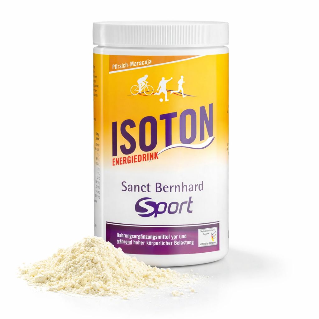 Dose Isoton Energiedrink mit Pulver daneben.
