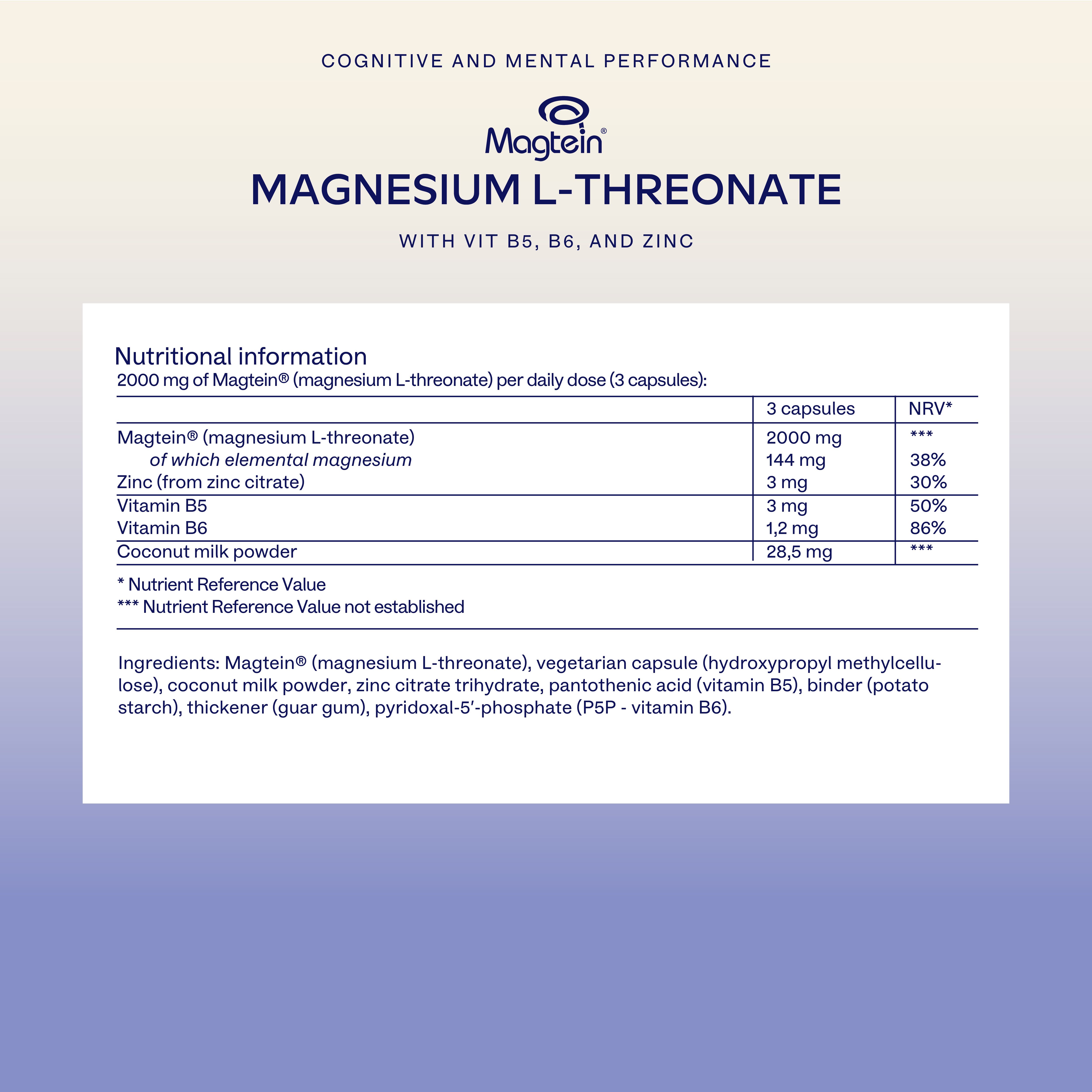 Aavalabs Magtein Magnesium L-Threonat Nährwertangaben und Inhaltsstoffe.