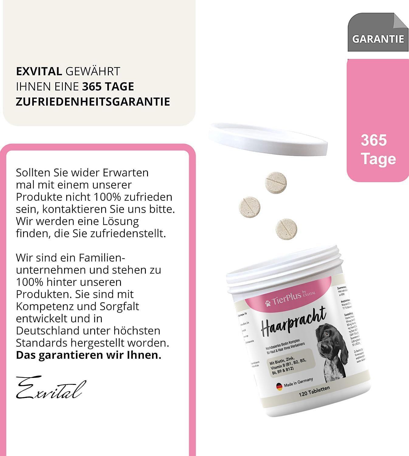 Dose TierPlus Haarpracht Tabletten mit Garantieinformationen und Text über Familienunternehmen.