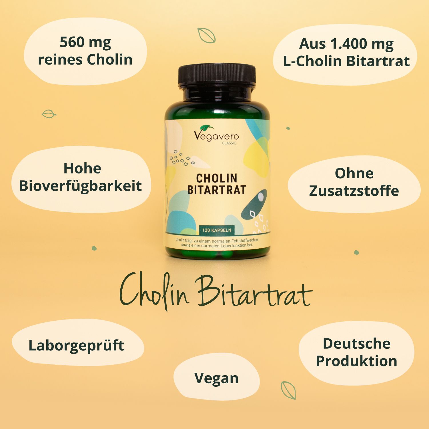 Grüne Flasche mit schwarzem Deckel. Aufschrift: Vegavaro Classic, CHOLIN BITARTRAT, 120 Kapseln. Text: 560 mg reines Cholin, Aus 1.400 mg L-Cholin Bitartrat.