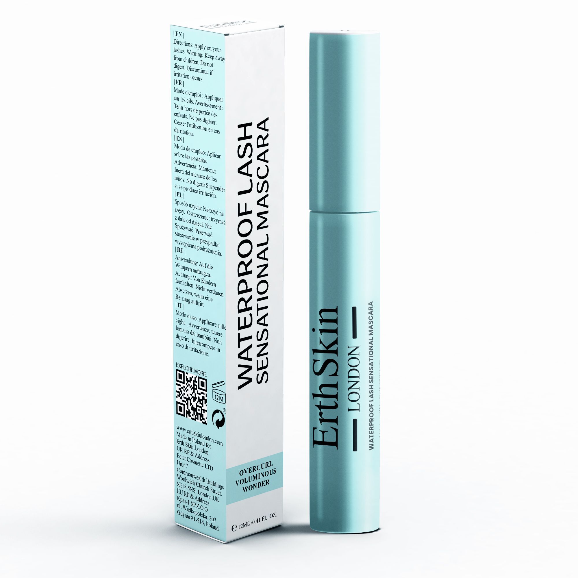 Erth Skin London wasserfeste Mascara und ihre Verpackung mit Anweisungen und QR-Code.