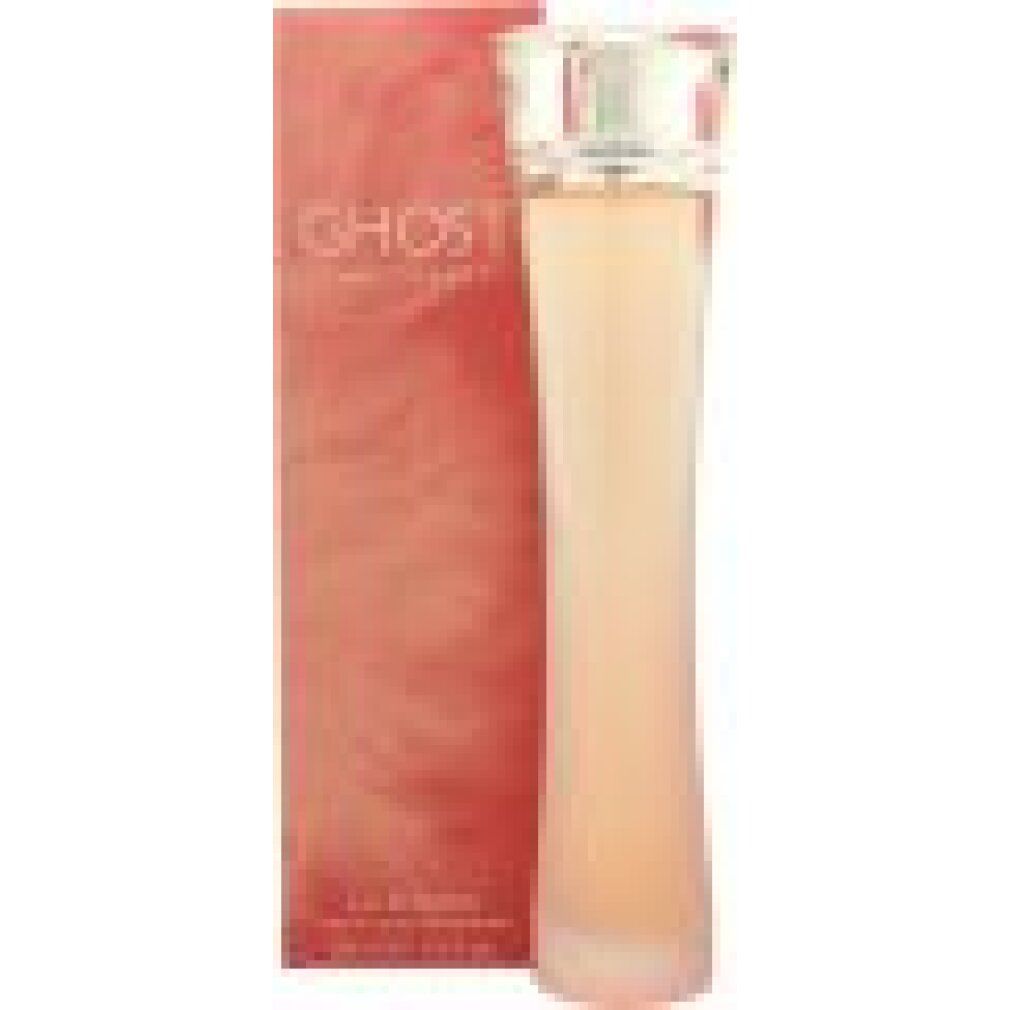 Parfümflasche und Verpackung. Flasche: länglich, rosa. Verpackung: rechteckig, rosa, mit Text.