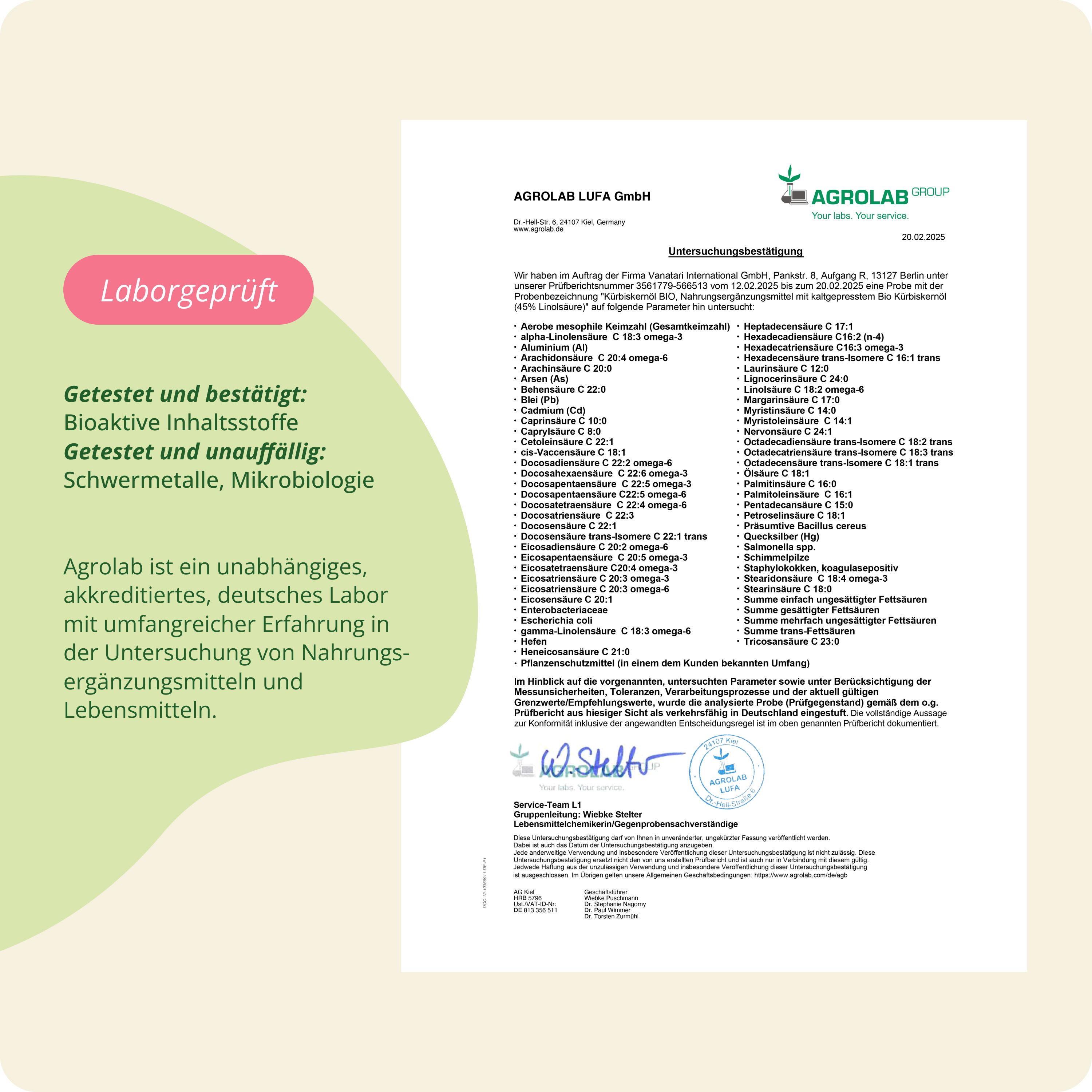 Laborbericht von Agrolab: Bestätigt bioaktive Inhaltsstoffe, testet auf Schwermetalle und Mikrobiologie. Unabhängiges deutsches Labor für Nahrungsergänzungsmittel.