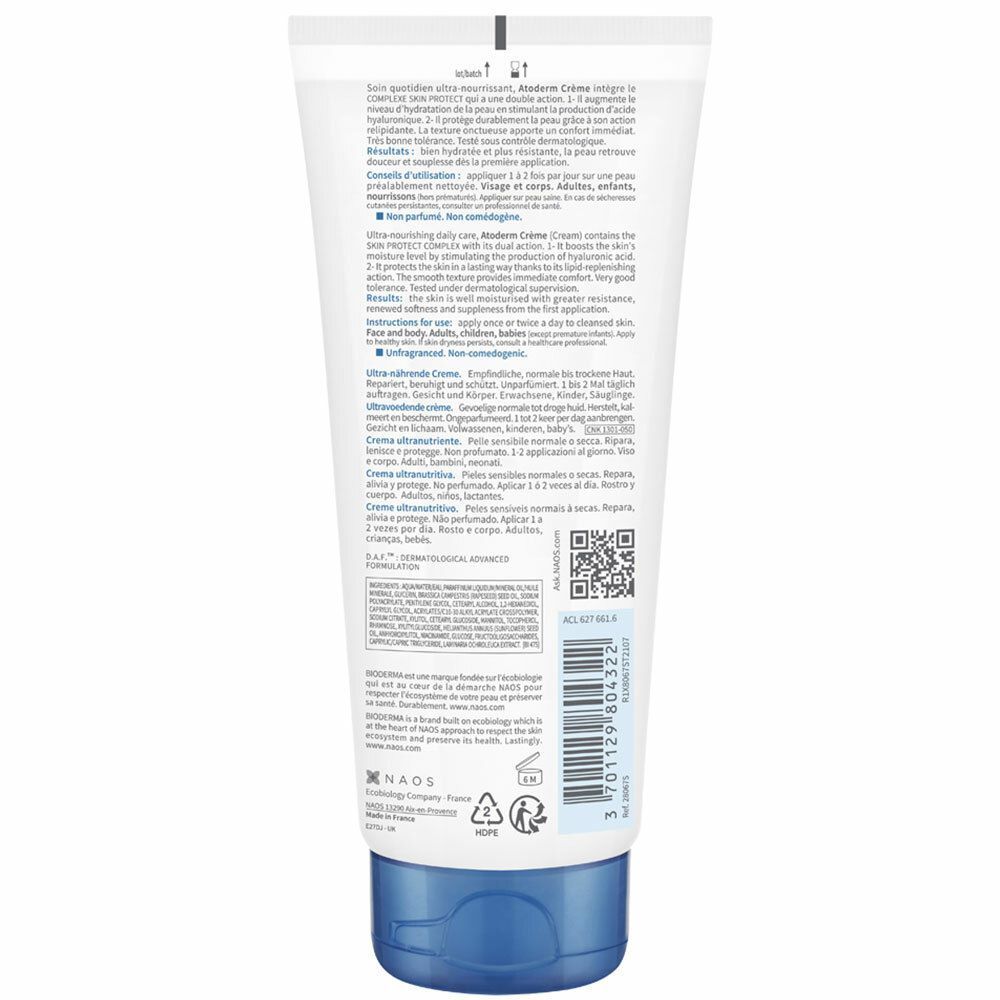 Rückseite einer Tube BIODERMA Atoderm Crème. Text in mehreren Sprachen. QR-Code.