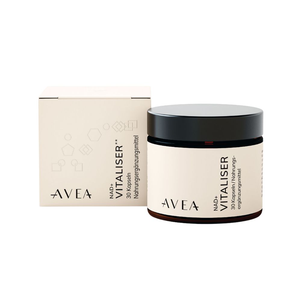 Produktverpackung mit Dose und Karton. Dose mit AVEA-Logo und Produktbezeichnung. Karton mit Logo und Text.