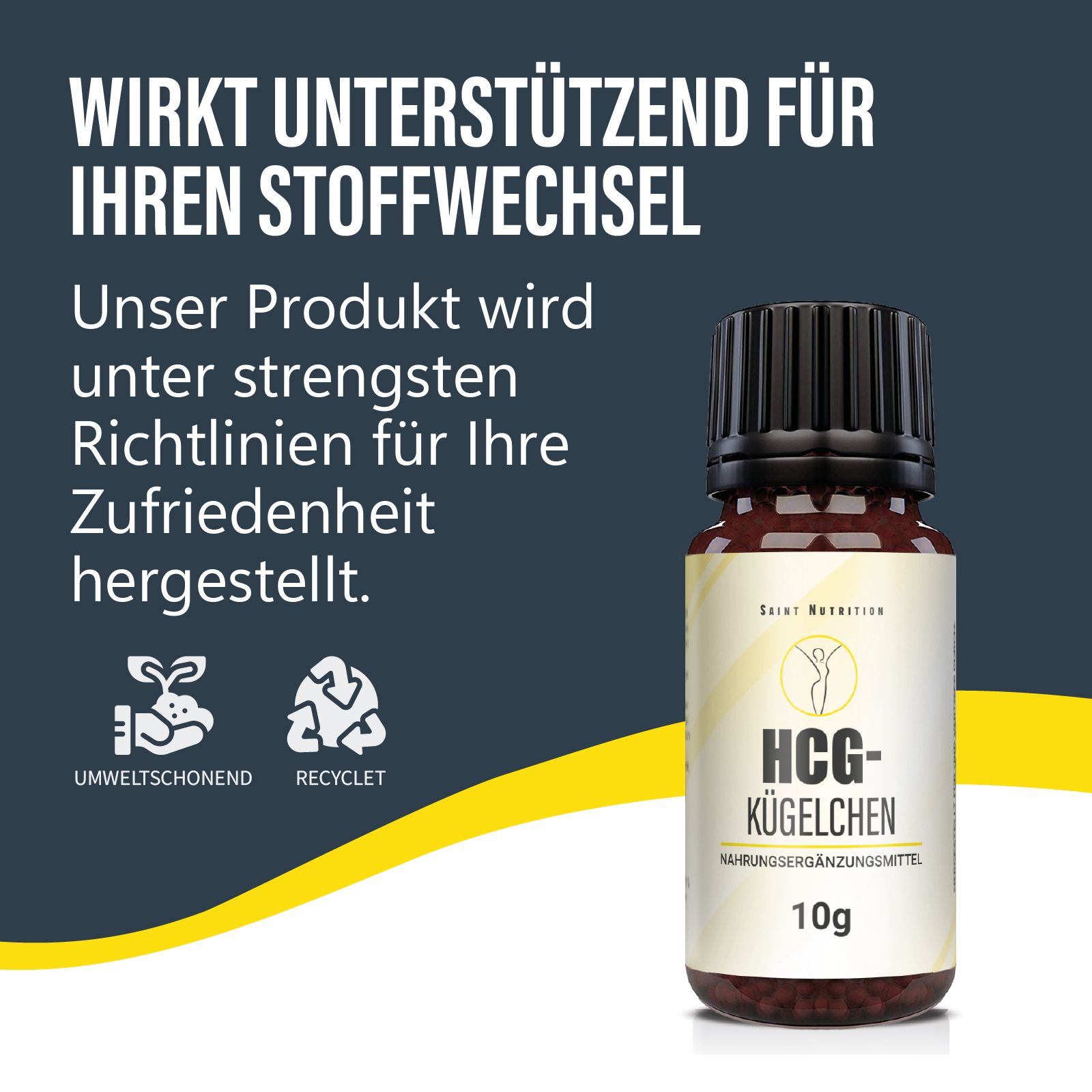 Braune Glasflasche mit schwarzem Deckel. Etikett mit "Saint Nutrition" und "HCG-Kügelchen". 10g, Umweltzeichen.