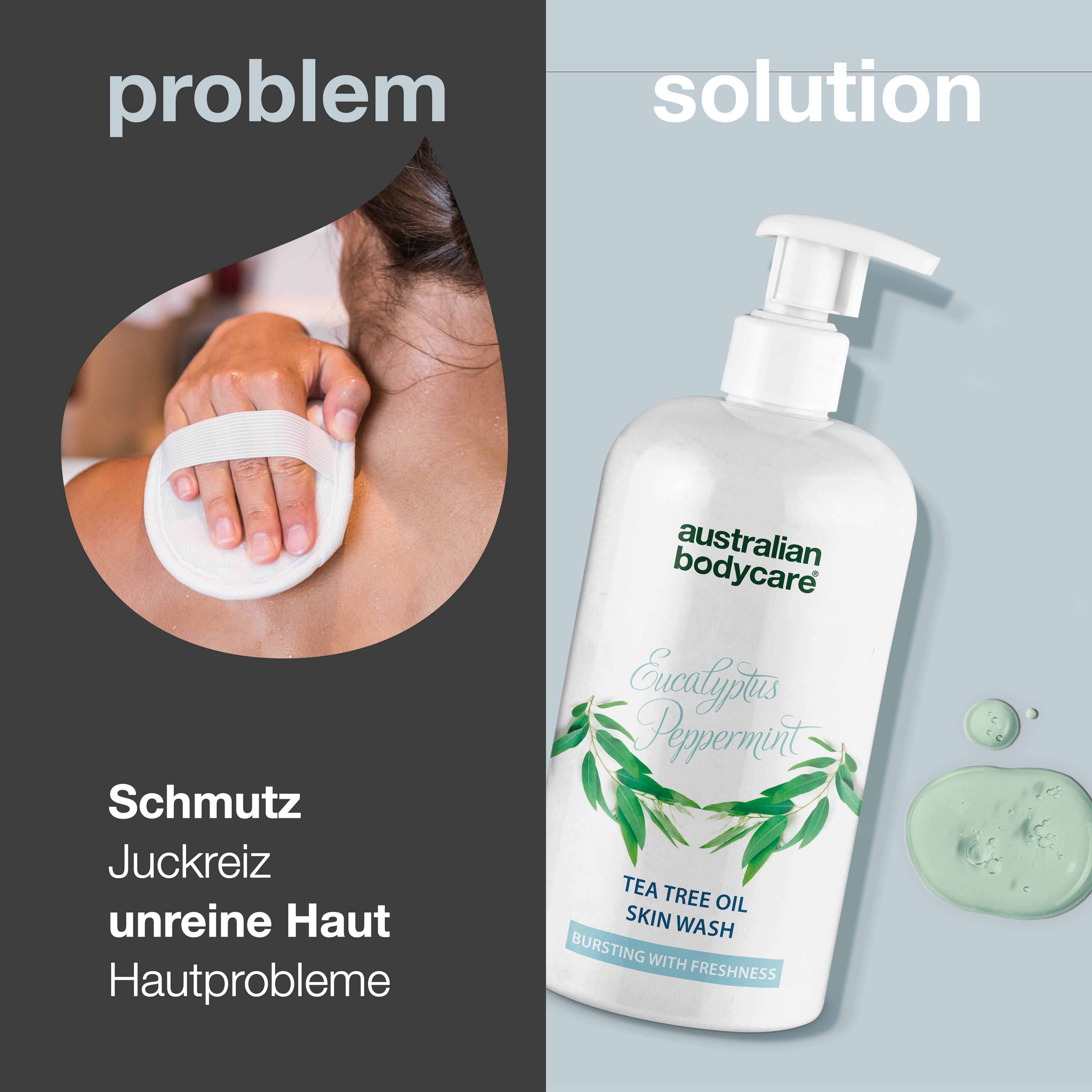 Produktabbildung und Text. Flasche mit Pumpe. Text: Problem, Schmutz, Juckreiz, unreine Haut, Hautprobleme.