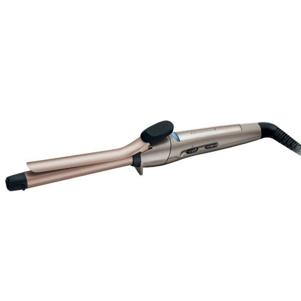 Lockenstab. Beige-goldfarbenes Gerät mit schwarzem Griff und Kabel. Remington-Logo sichtbar.