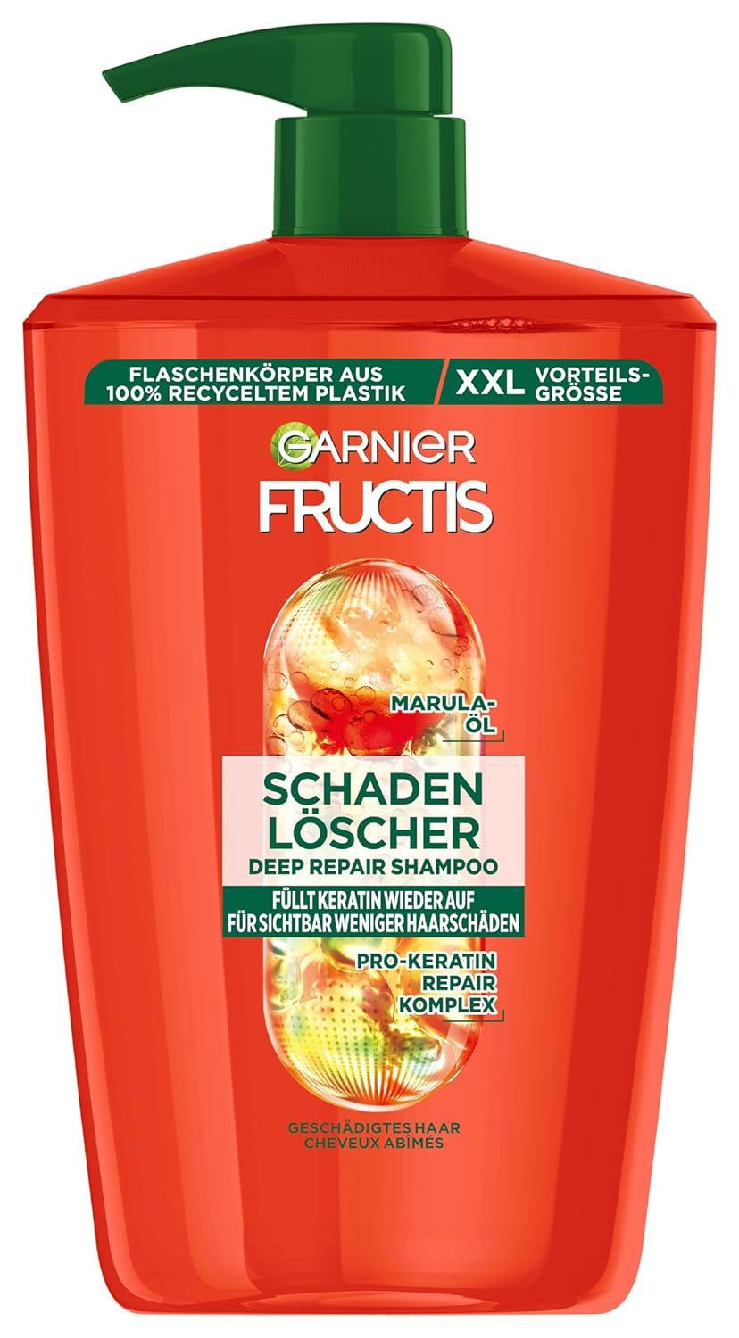 Rote Shampoo-Flasche. Text: Garnier Fructis Schadenlöscher, XXL-Größe.