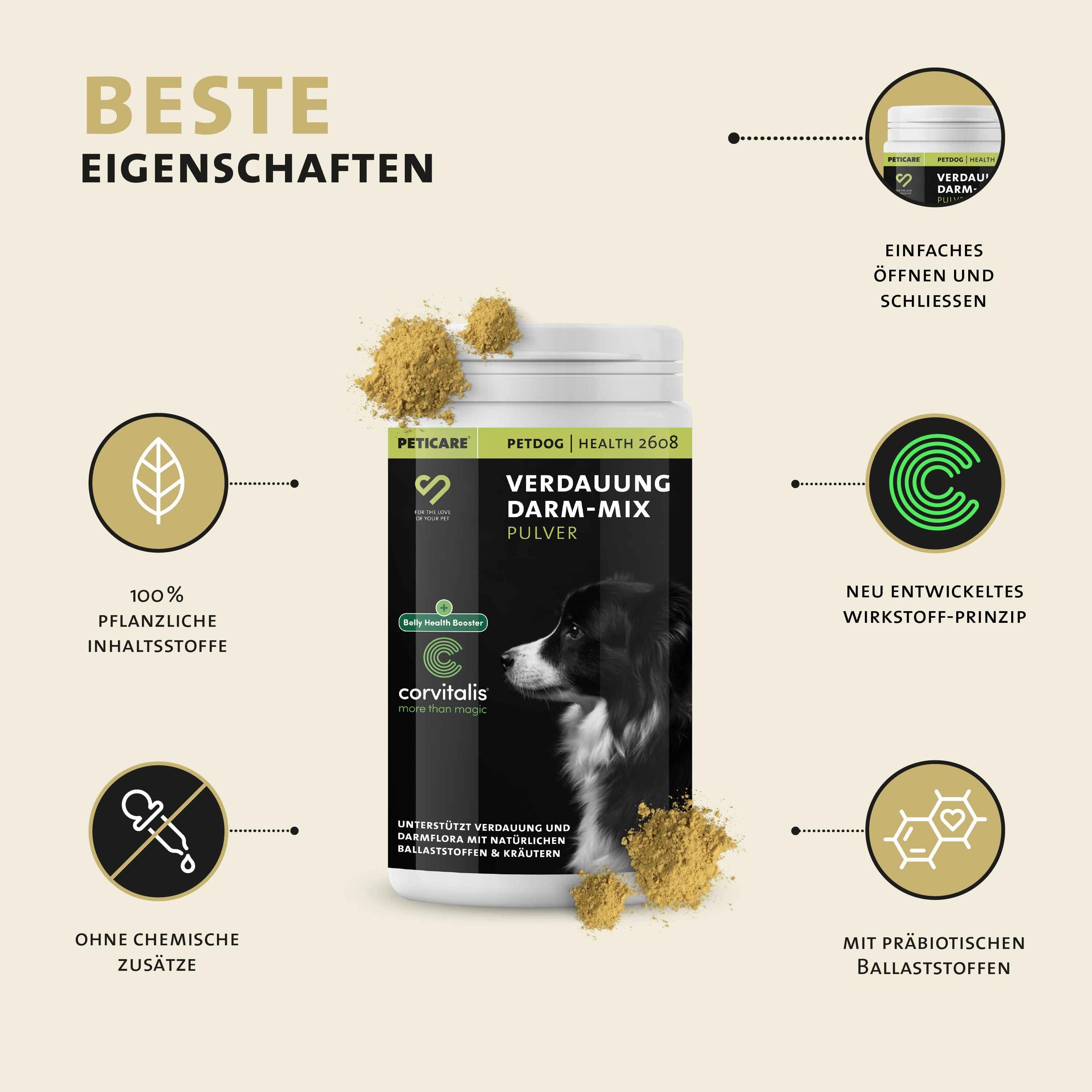 Peticare Natürliches Ergänzungsfutter Verdaaung & Darmflora Pulver für Hunde