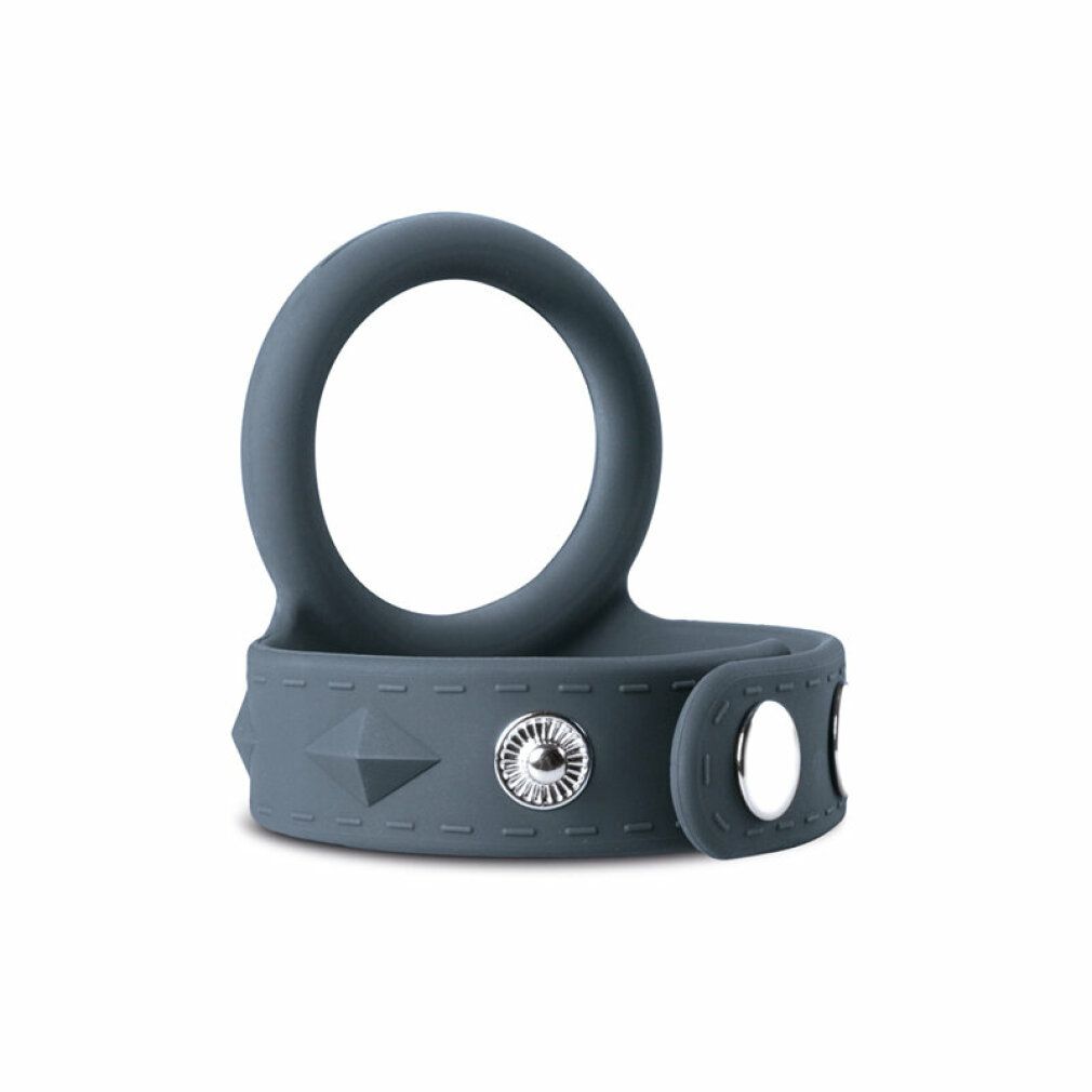 Blau-grauer Ring mit einem Ring und einem Band mit Knöpfen und einem dekorativen Element.
