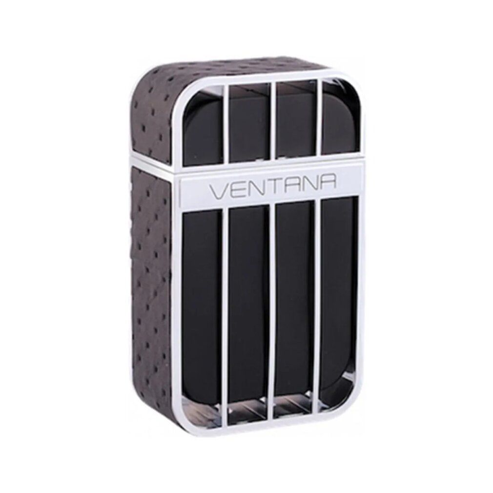 Armaf Ventana Pour Homme Flakon. Schwarze Flasche mit silbernen Details. Silberne Umrandung und vertikale Streifen.