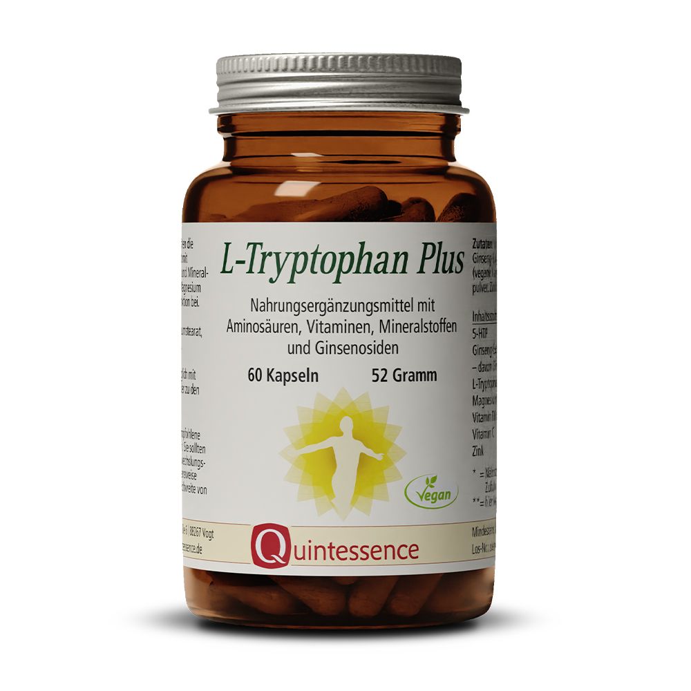 Braune Glasflasche mit Kapseln. Aufschrift: L-Tryptophan Plus, 60 Kapseln, 52 Gramm. Vegan-Siegel. Marke: Quintessence.