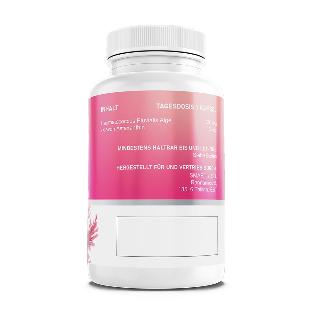 Seitenansicht einer Astaxanthin-Kapsel-Flasche mit Haltbarkeitsdatum und Herstellerangaben.
