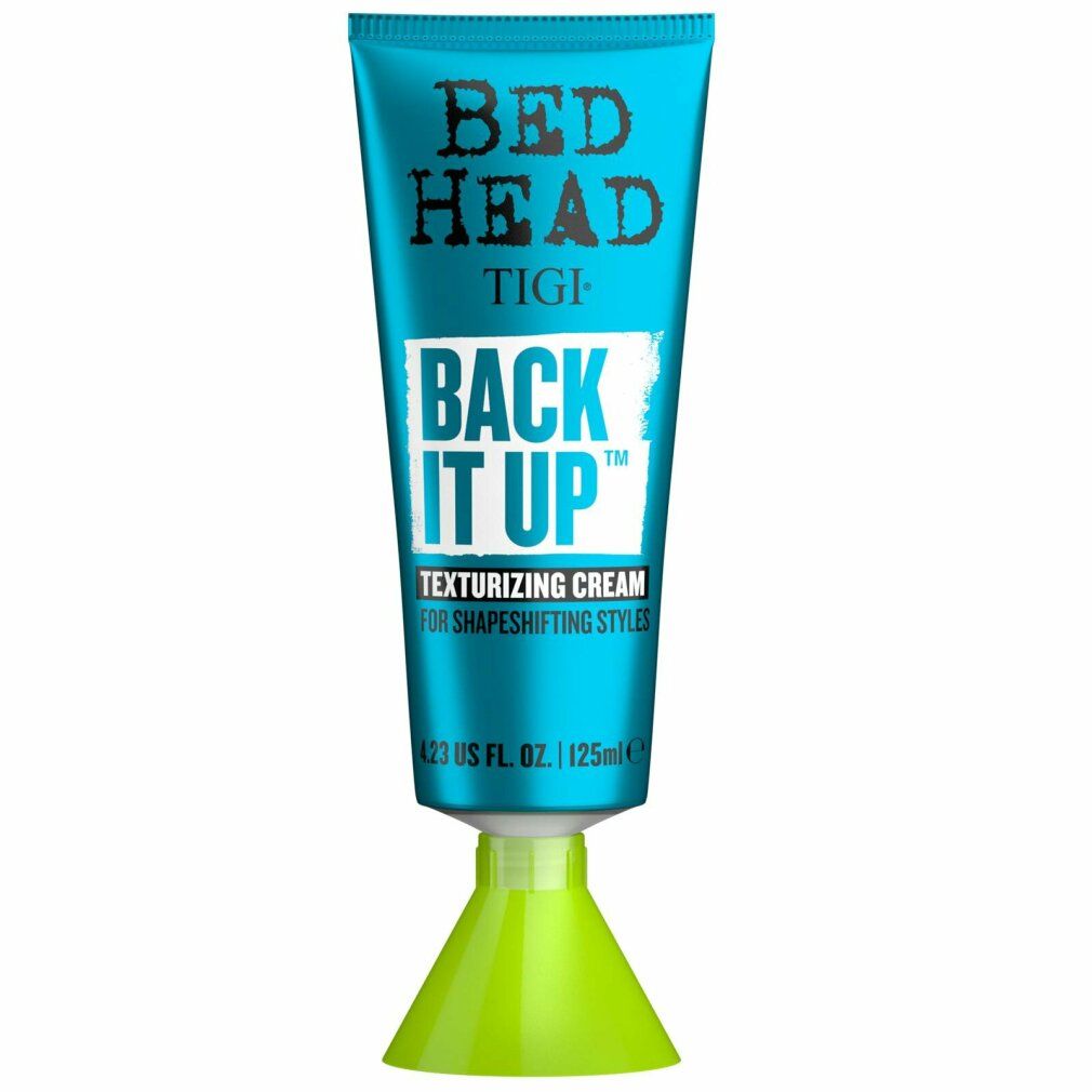 Türkisfarbene Tube mit gelbem Fuß. Aufschrift: Bed Head TIGI Back It Up Texturizing Cream. 125ml.