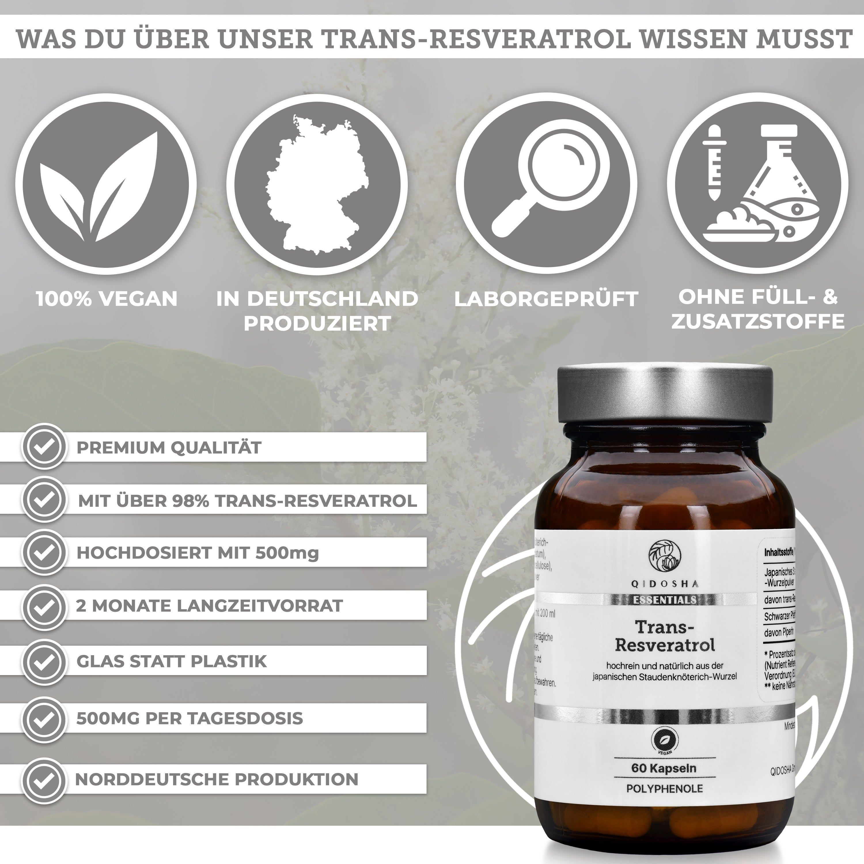 Braune Glasflasche mit QIDOSHA Trans-Resveratrol Kapseln, 60 Stück. Enthält Icons für Vegan, Laborgeprüft und Deutschlandproduktion.