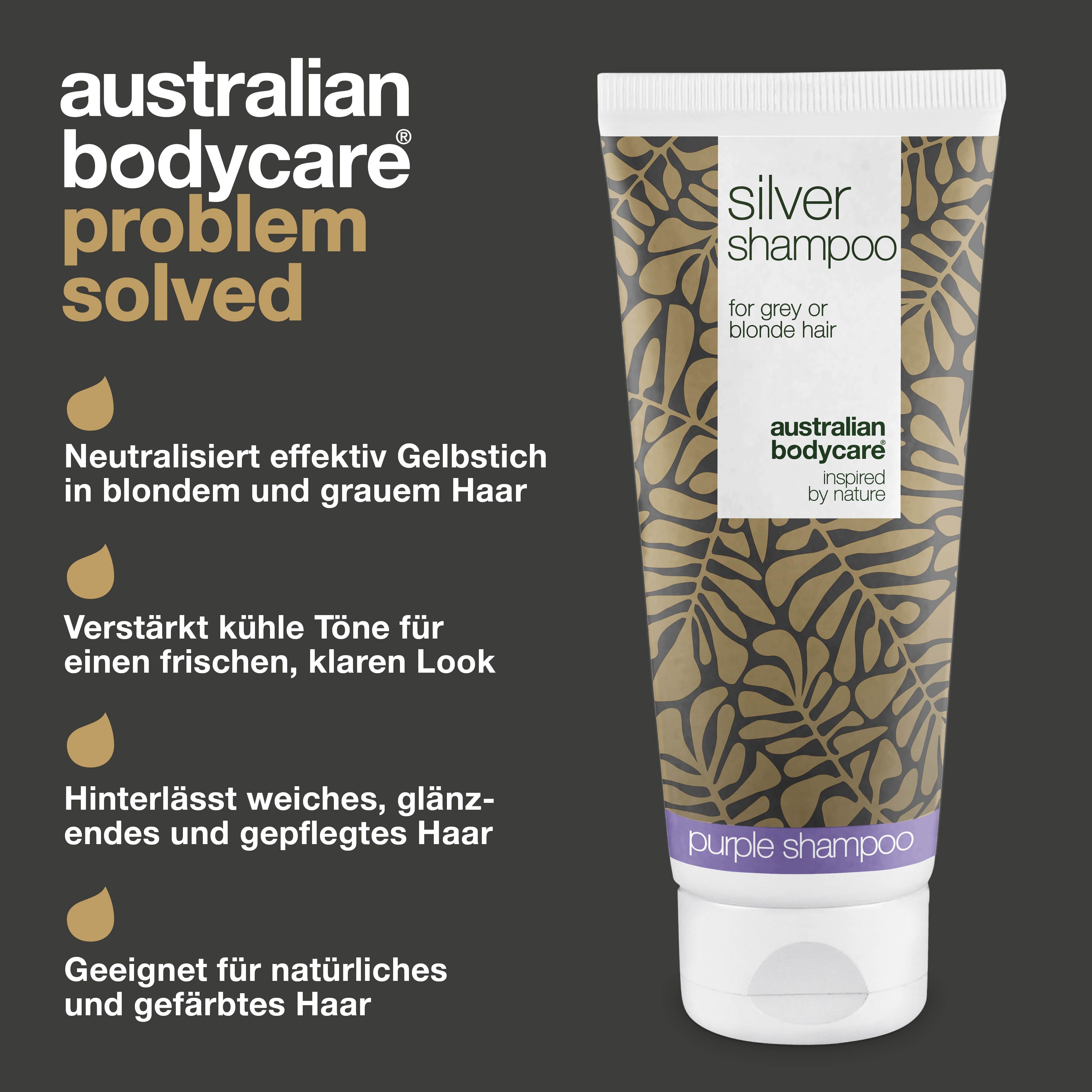 Text: Australian Bodycare, Problem gelöst. Tube Silver Shampoo. Text: Neutralisiert Gelbstich, für blondes und graues Haar.