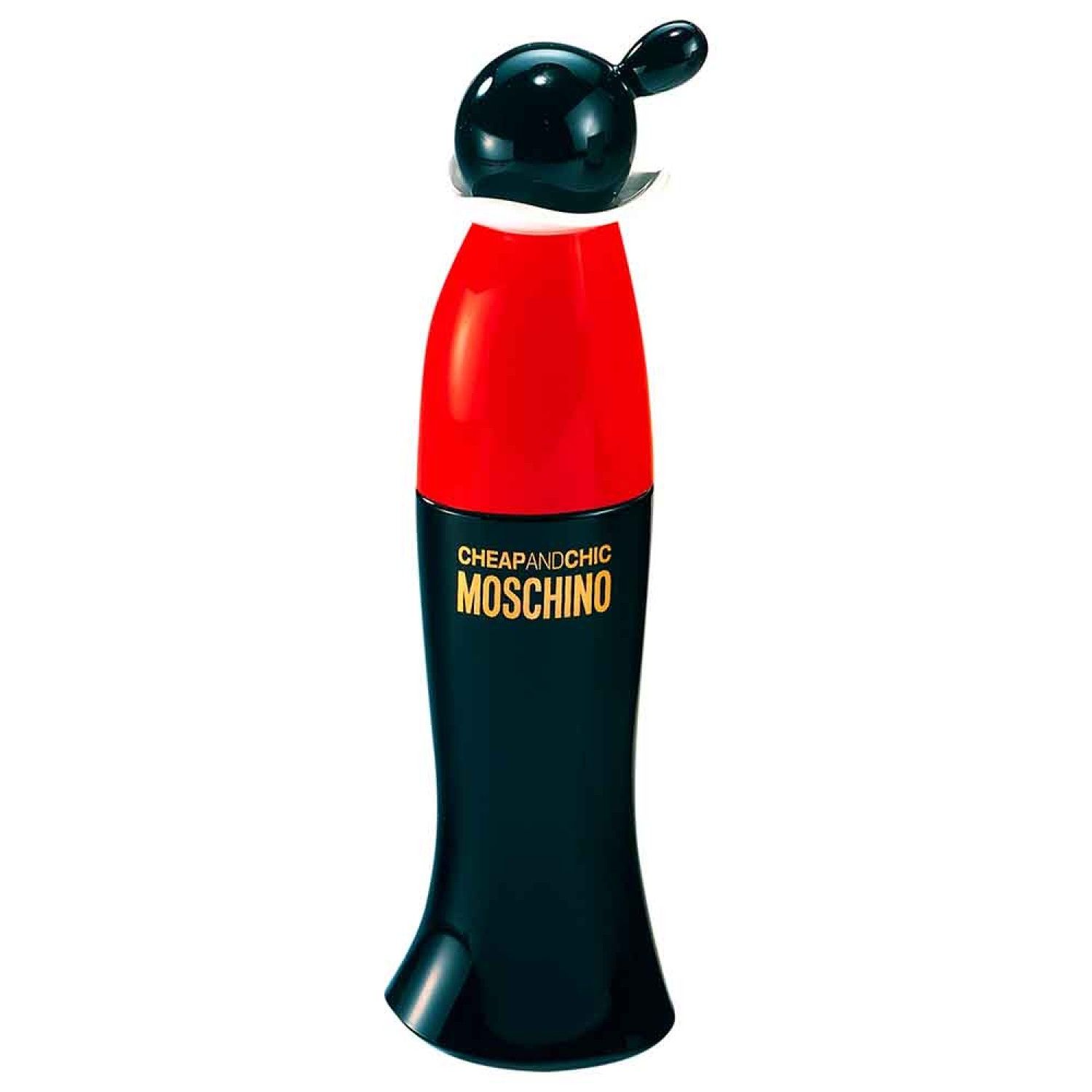 Flacone nero, testa rossa e tappo nero. Scritta dorata: Cheap and Chic Moschino.
