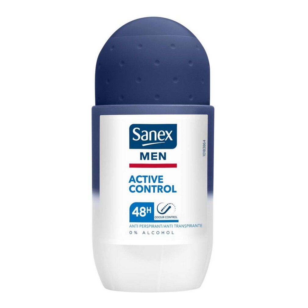 Sanex Men Active Control Roll-On. Weißes Gehäuse, blauer Deckel. Text: MEN, ACTIVE CONTROL, 48H. Anti-Transpirant, 0% Alkohol.