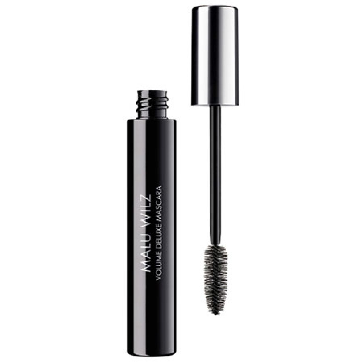 Schwarze Mascara-Tube mit silberner Kappe und Bürste. Aufschrift: MALU WILZ VOLUME DELUXE MASCARA.