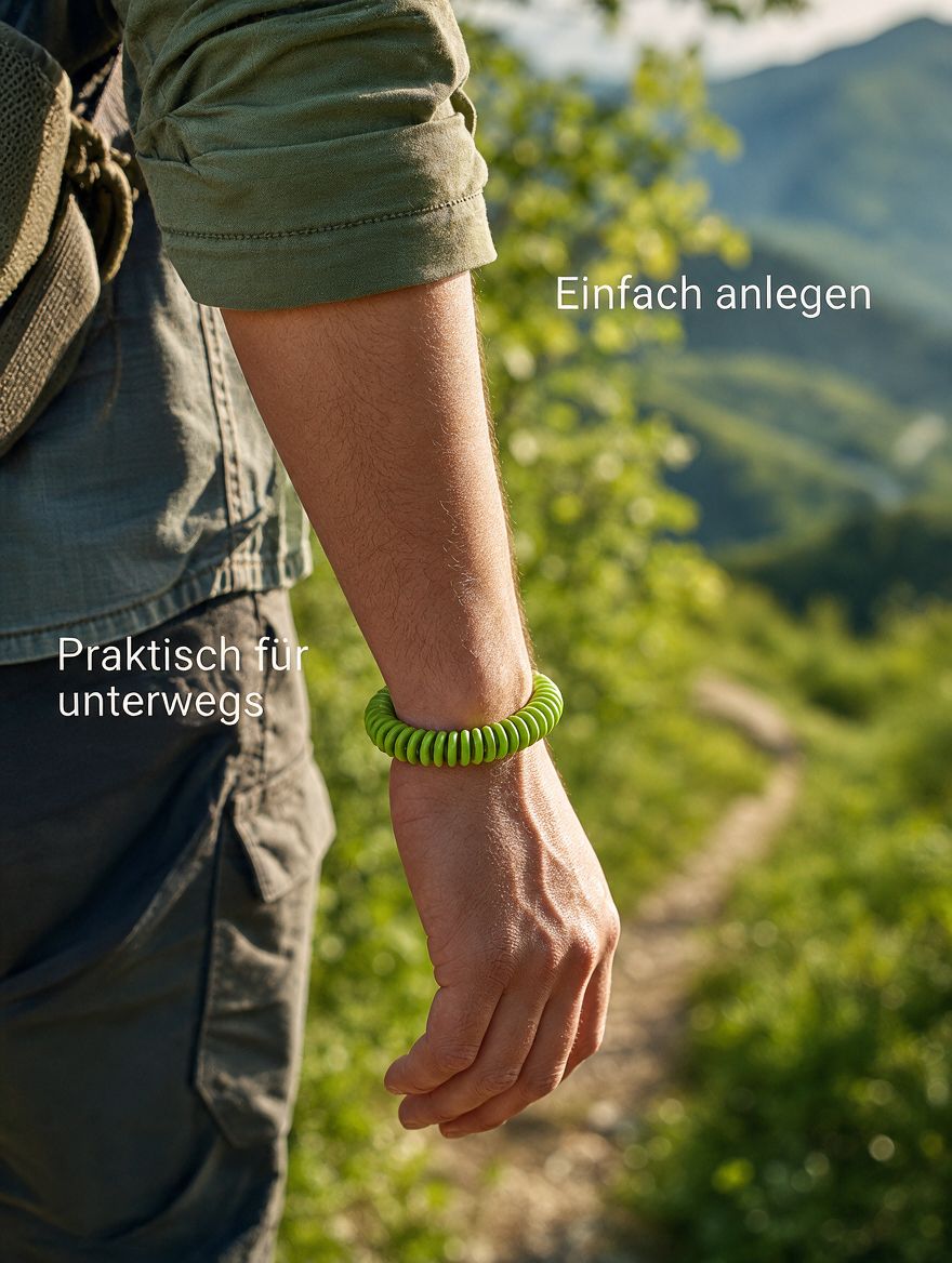 Arm eines Wanderers mit einem grünen Spiralarmband. Text auf Deutsch: 'Einfach anlegen', 'Praktisch für unterwegs'.