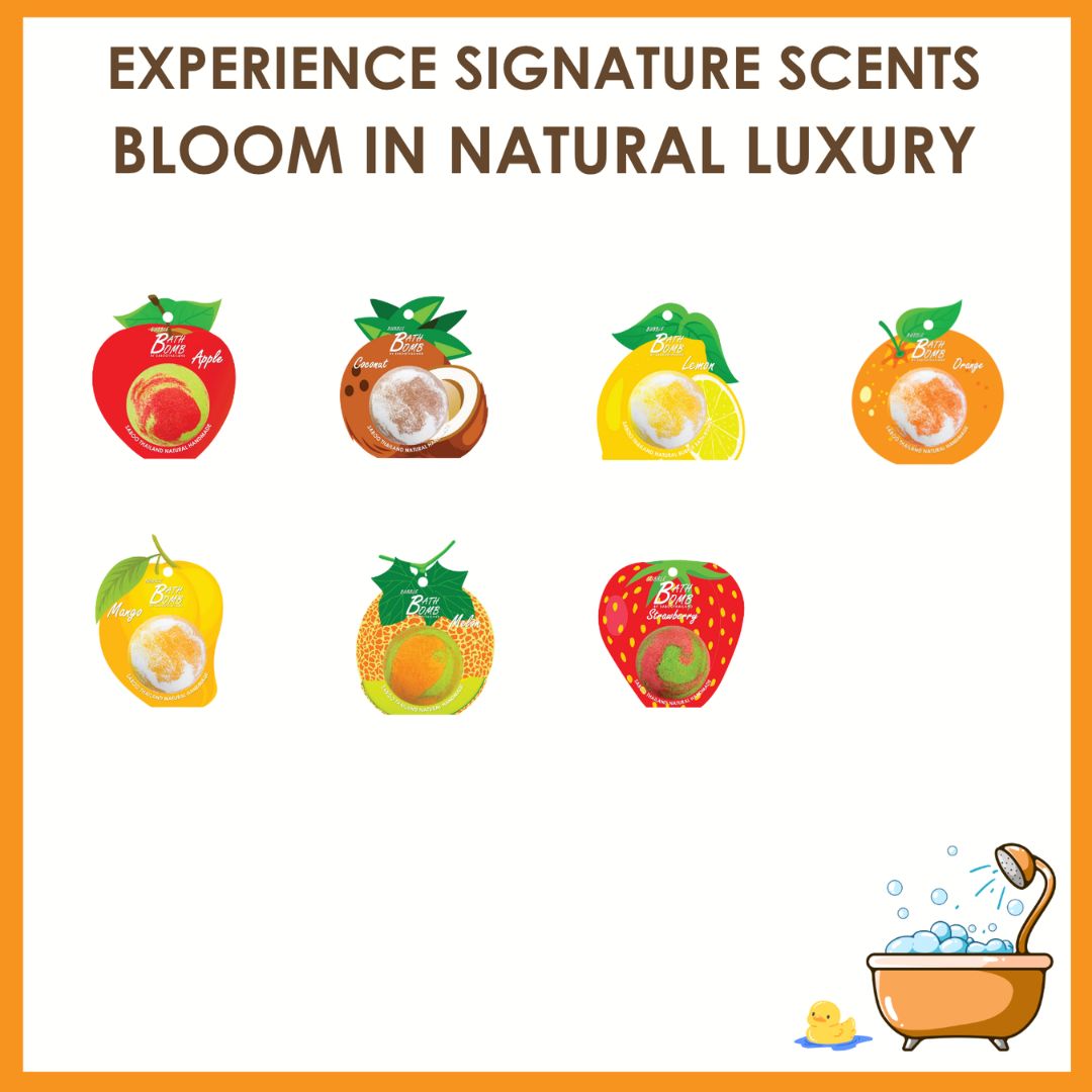 Sieben Badebomben-Verpackungen mit verschiedenen Düften. Text: Experience Signature Scents. Bloom in Natural Luxury.