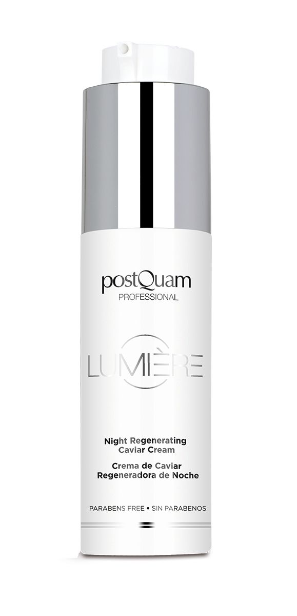 Weiße Flasche mit silbernem Deckel. Text: PostQuam, Lumière, Night Regenerating Caviar Cream. Parabenfrei.