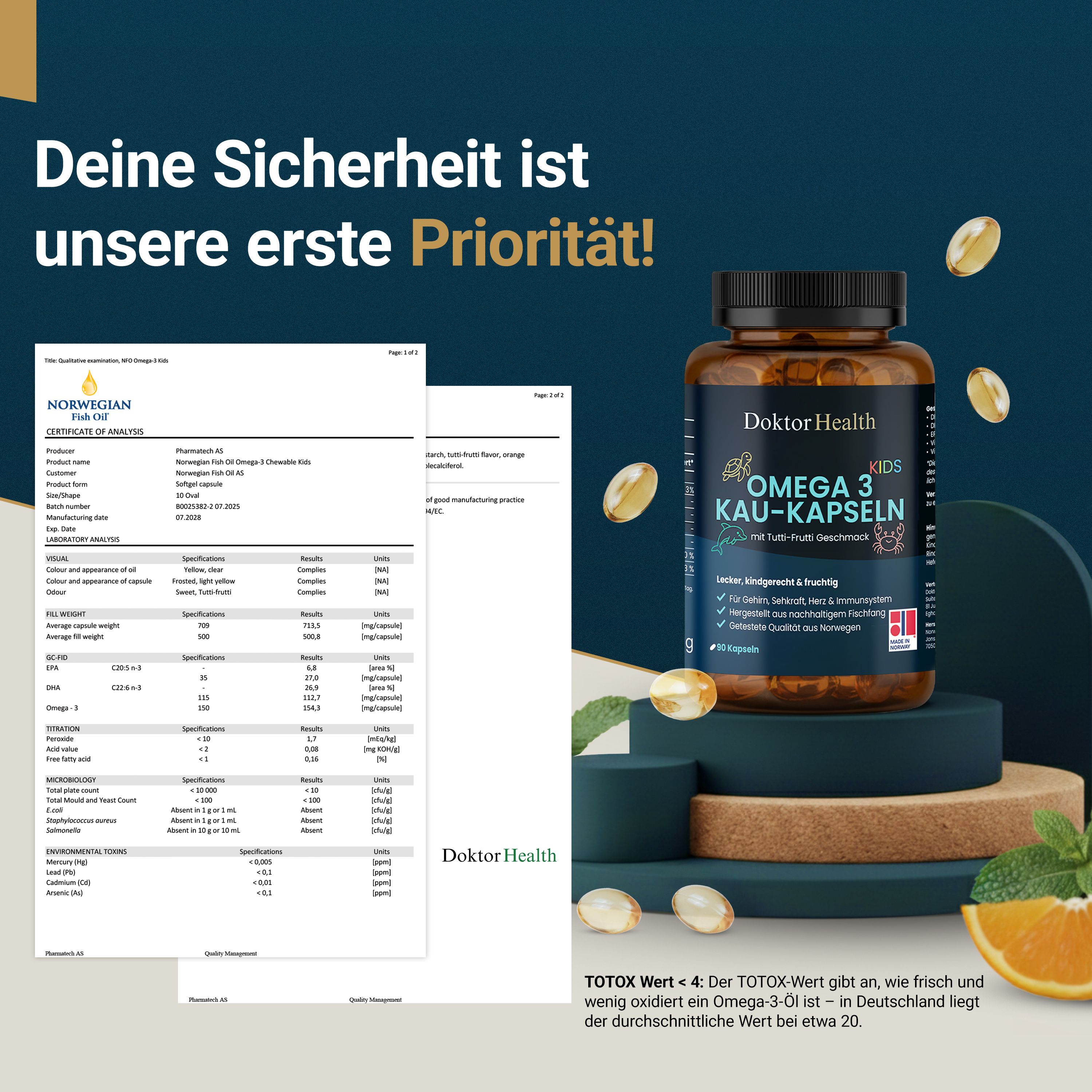 Doktor Health Omega 3 Kau-Kapseln Flasche neben Zertifikaten. Text: Deine Sicherheit ist unsere erste Priorität! Totoxwert 5-10.