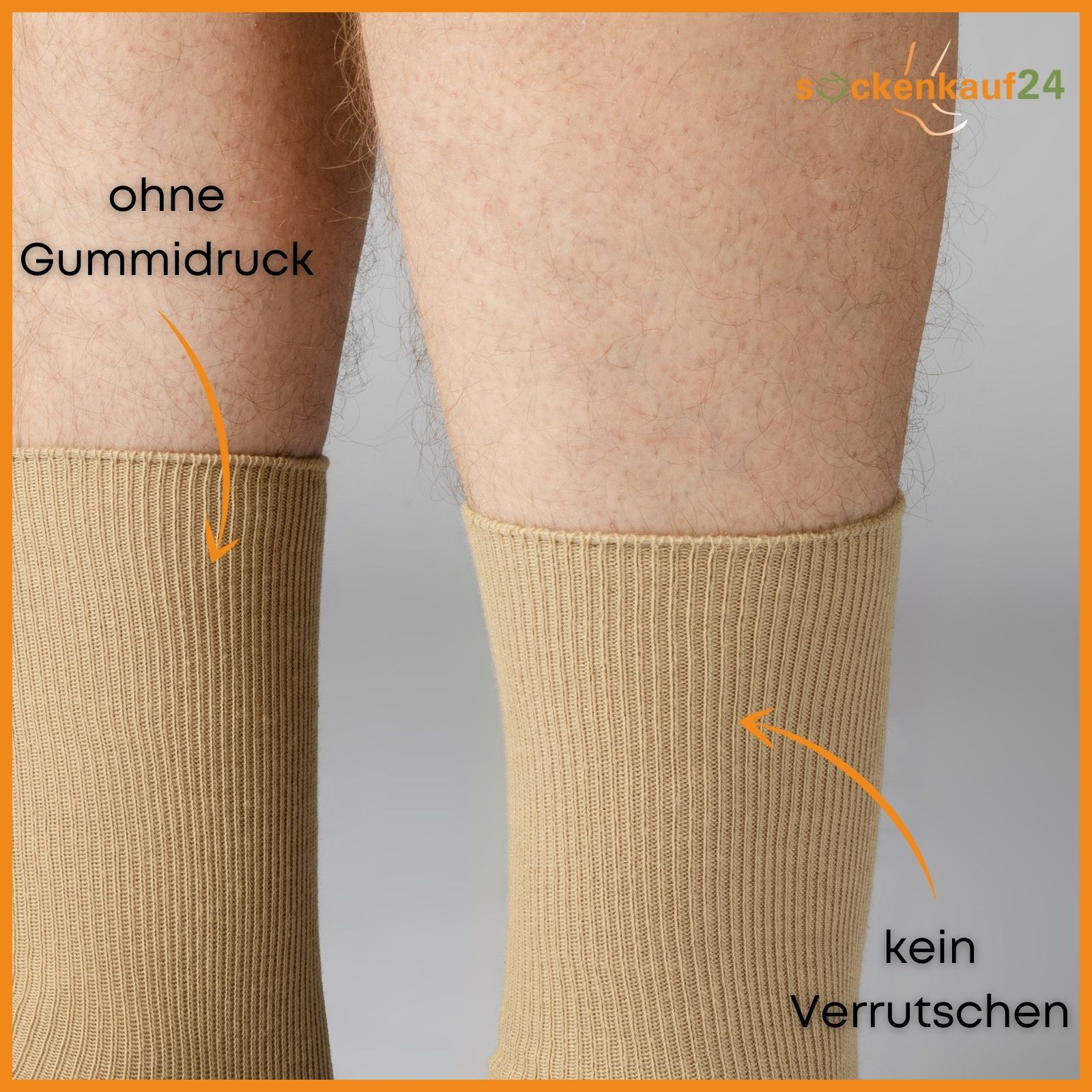 Nahaufnahme von zwei Sockenbündchen. Text: ohne Gummidruck. Text: kein Verrutschen. Text: sockenkauf24.