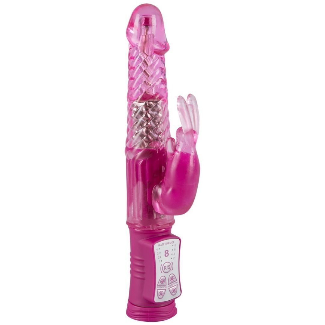 Rosa Vibrator mit geriffelter Oberfläche, Kaninchenohren und Bedienfeld mit Ziffernanzeige.
