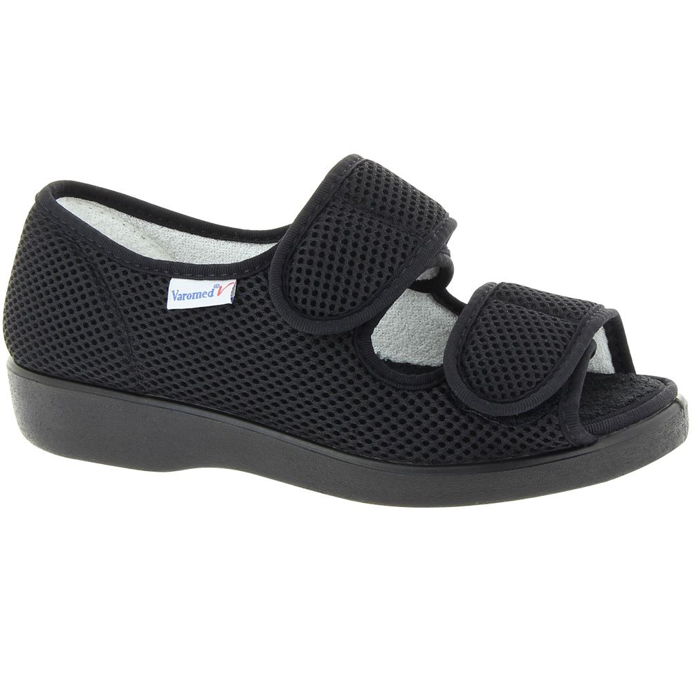Schwarzer Varomed Halbschuh "Göteborg" Weite L mit Klettverschlüssen. Offene Zehenpartie, Mesh-Obermaterial.