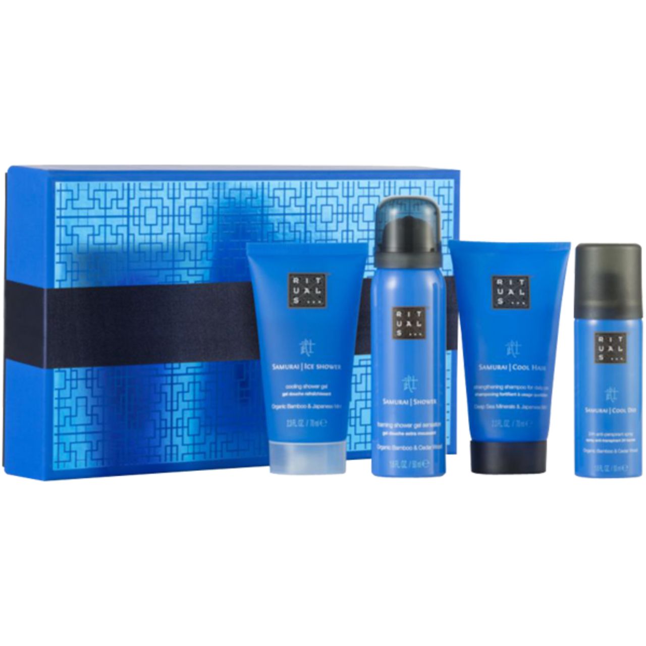 Blaues Geschenkset mit vier Produkten. Enthalten sind Duschgel, Rasiergel, Shampoo und Deo. Marke: Rituals.