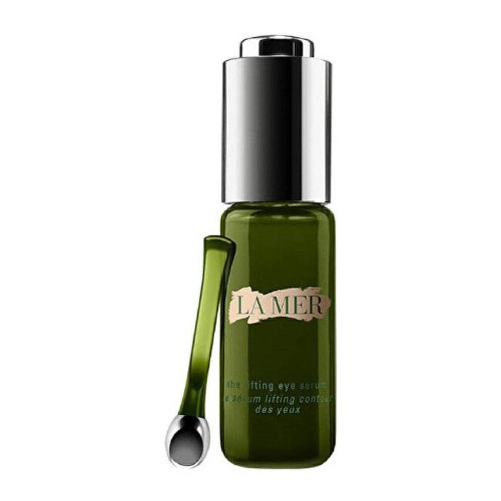 Grüne Glasflasche mit silbernem Deckel und Applikator. Aufschrift: LA MER. Text: the lifting eye serum.