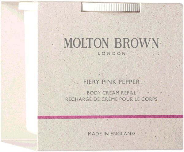 Körpercreme-Nachfüllpackung in Kartonverpackung. Marke: Molton Brown. Text: Fiery Pink Pepper, Body Cream Refill.