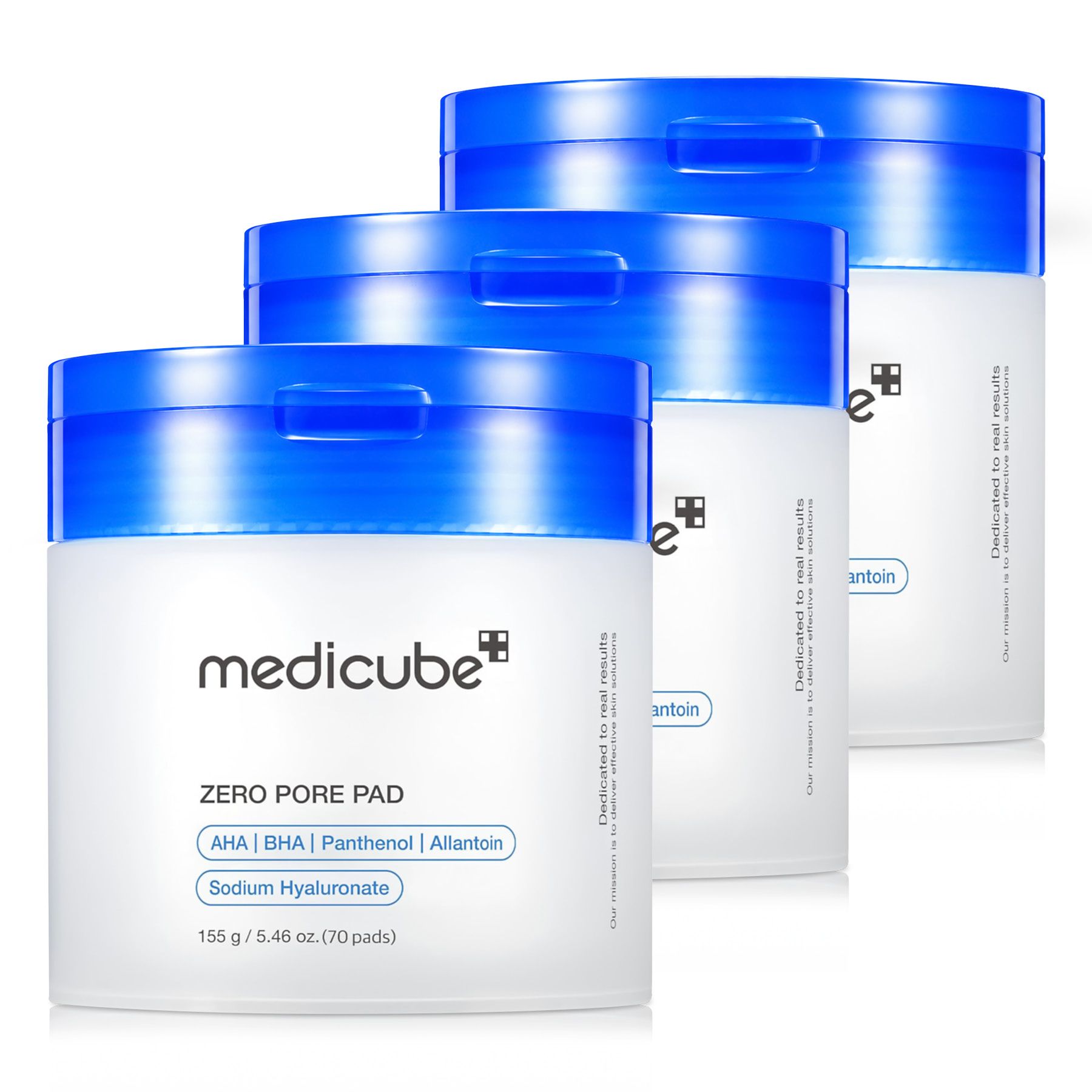 Drei Medicube Zero Pore Pads in Behältern mit blauen Deckeln.