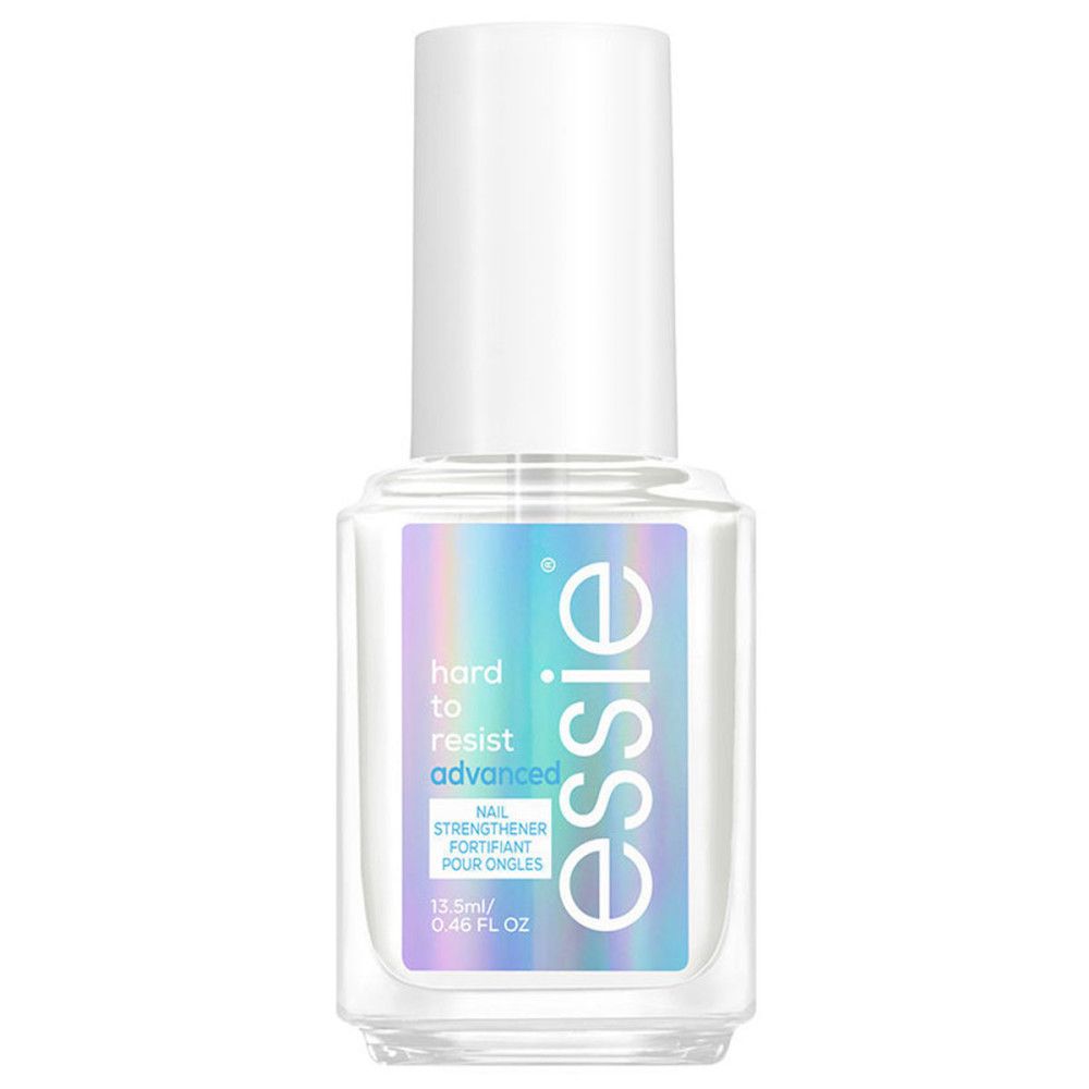 Klare Flasche mit weißem Deckel. Etikett mit "hard to resist advanced" und "essie"-Logo. Nagelverstärker.