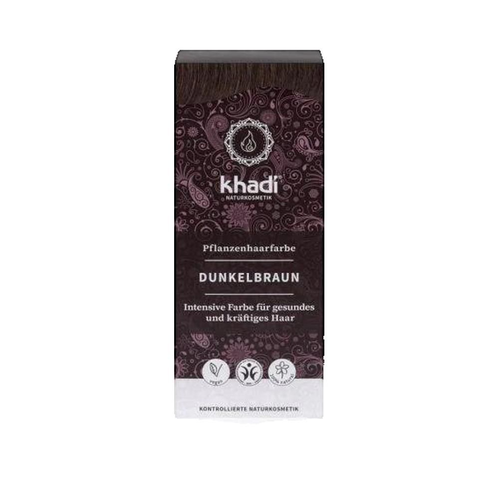 Khadi-Verpackung. Dunkelbraune Pflanzenhaarfarbe. Text: Dunkelbraun, vegan, kontrollierte Naturkosmetik.